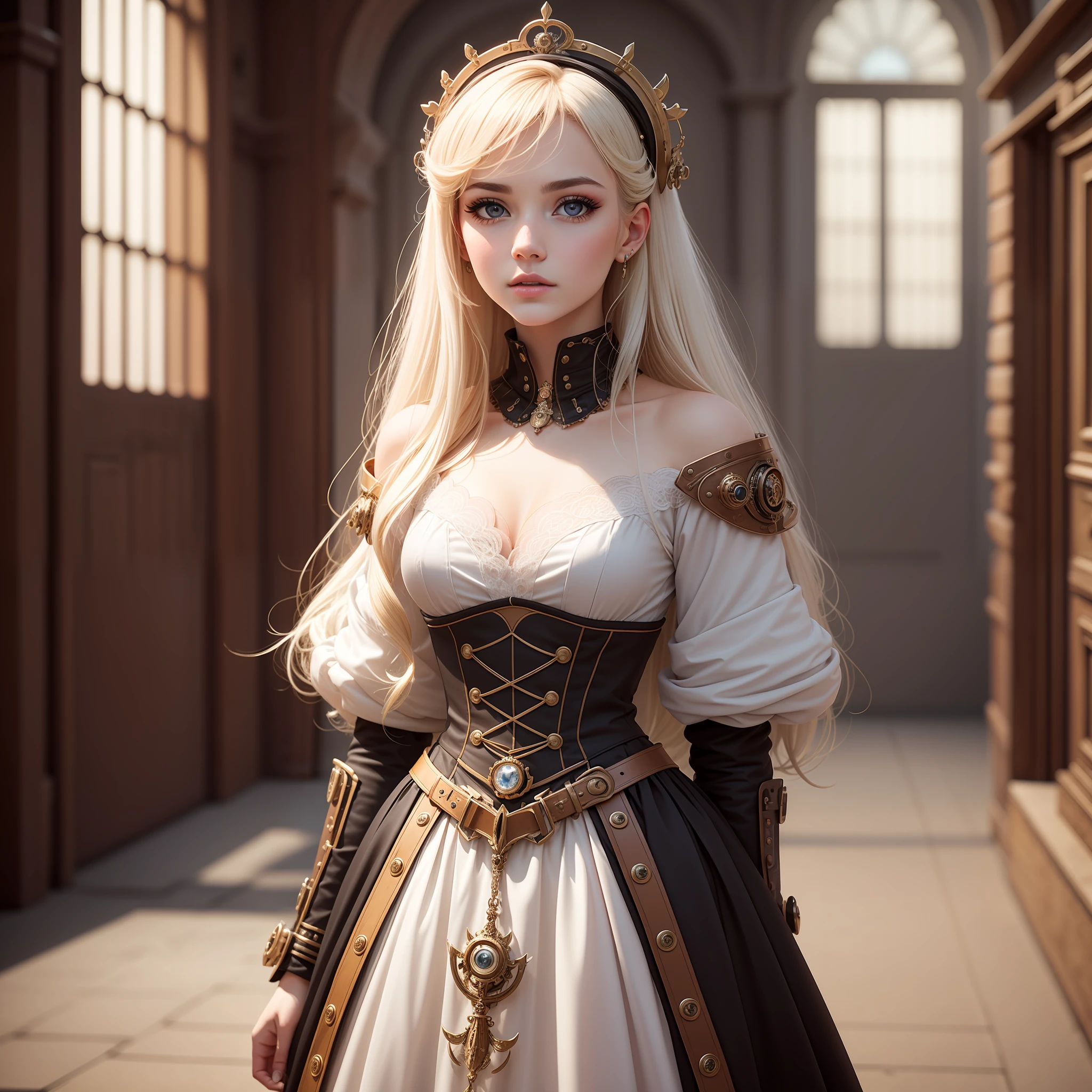 Full Body,Full Body Shot,(Complex Details), 19 years old, Mysterious Beautiful Girl,Perfect Face, Makeup:1.5, Bright On Face, Facial Detail, Long Hair,Platinum Blonde Hair,Straight Hair,Steampunk,White Princess Dress,um Home Defense, Conceptual Art, Realism, Godley, Movie Lighting, Multiview, Canon, High Detail, high-quality, HD, 16k