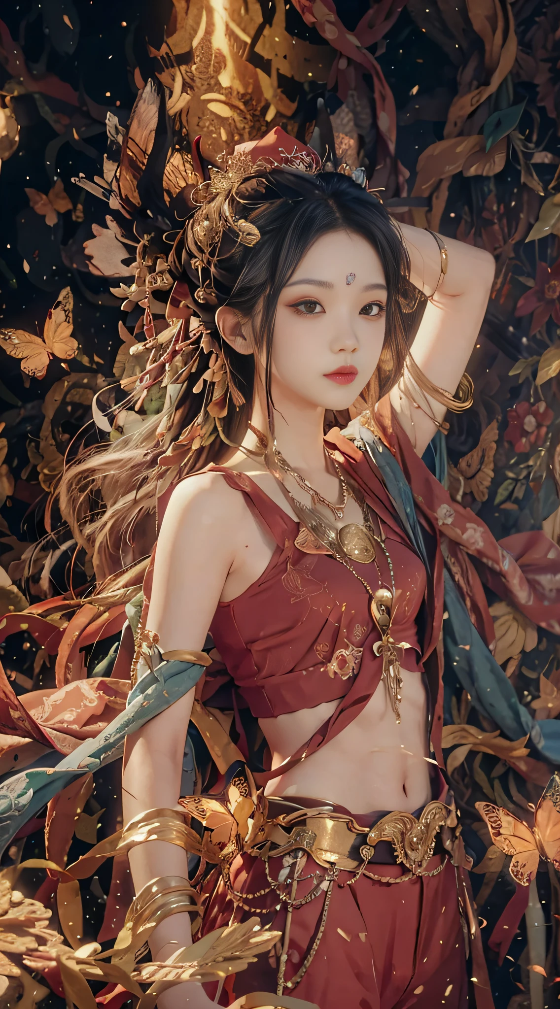 masterpiece, best quality, Relm Arrowny, intricate red hat, black tank top, red genie pants,  happy,   intricate details,   ((sfw)),  
BREAK
forest, beams of light, butterflys flying,  flowers,