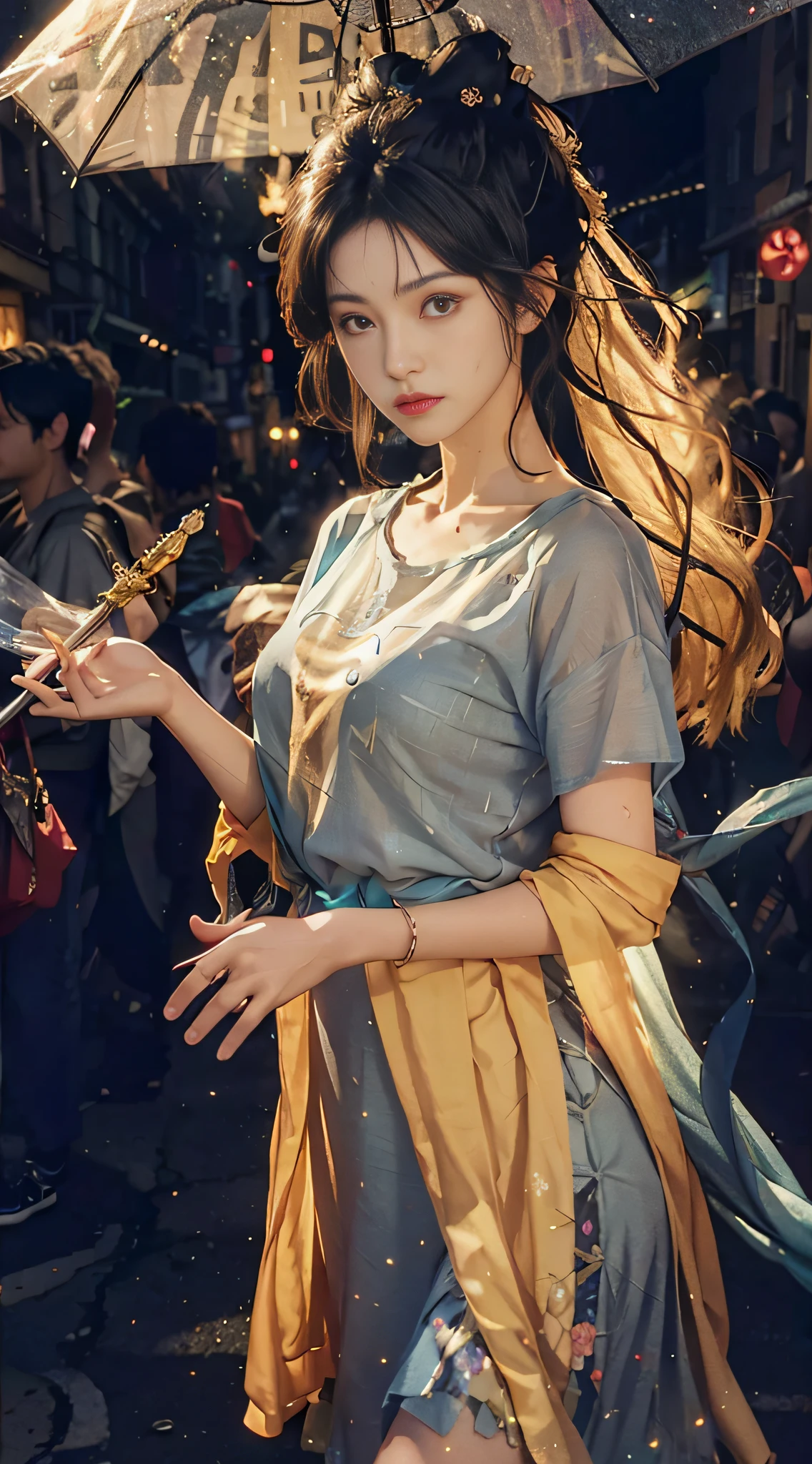8k, high resolution, dream, ray tracing, hdr, god ray, dew skin, sweat skin, wavy blonde, nylon t-shirt, punk girl, brunette hair, transparent, rainy day, fog, alley, umbrella, large and transparent umbrella, (best quality, masterpiece), 1girl, galaxy, glitter, dress, particles, wind, flower, upper body, dark simple background, looking at the audience, blonde,