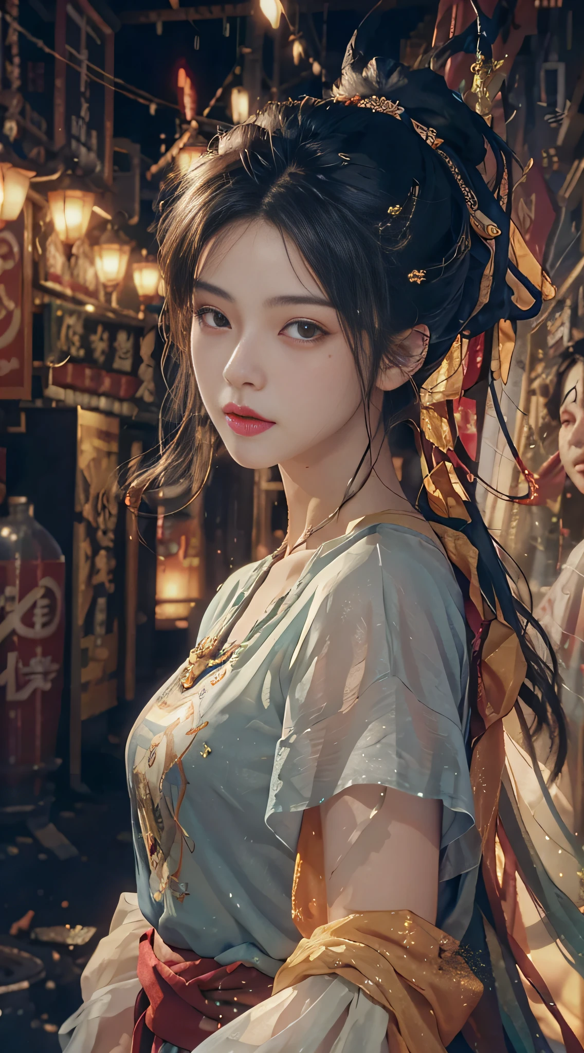 8k, high resolution, dreamy, ray tracing, hdr, god ray, dew skin, sweat skin, wavy blonde, nylon t-shirt, punk girl, brunette hair, transparent, rainy, fog, alley, umbrella, large and transparent umbrella, (raw photo, best quality, photo-realistic:1.3), best quality, highly detailed, masterpiece, ultra-detailed, illustration, 1girl, upper_body, dynamic angle, world mastery theater, messy_long_hair,best quality, extremely detailed CG unity 8k wallpaper, ink, amazing, cinematic lighting, lens_ flare,dunhuang_style