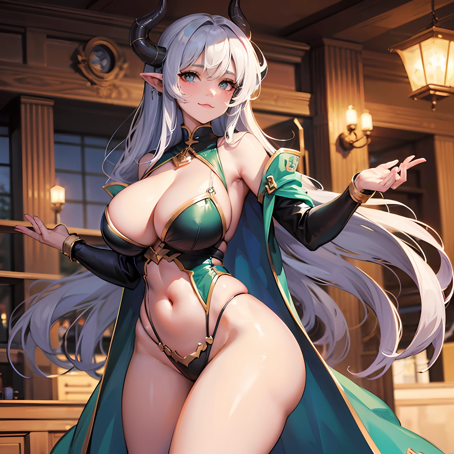 Create a D&D-inspired tiefling. Do it with ((large breasts: 3)), wide hips, and thick thighs. --auto