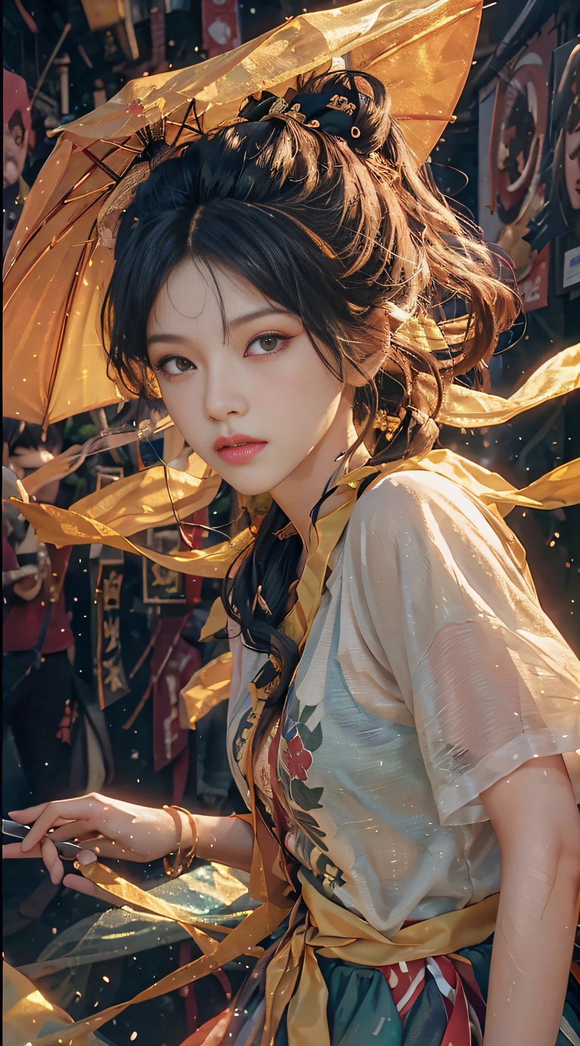 8k, high resolution, dreamy, ray tracing, hdr, god ray, dew skin, sweat skin, wavy blonde, nylon t-shirt, punk girl, brunette hair, transparent, rainy, fog, alley, umbrella, large and transparent umbrella, (raw photo, best quality, photo-realistic:1.3), best quality, highly detailed, masterpiece, ultra-detailed, illustration, 1girl, upper_body, dynamic angle, world mastery theater, messy_long_hair,best quality, extremely detailed CG unity 8k wallpaper, ink, amazing, cinematic lighting, lens_ flare,dunhuang_style