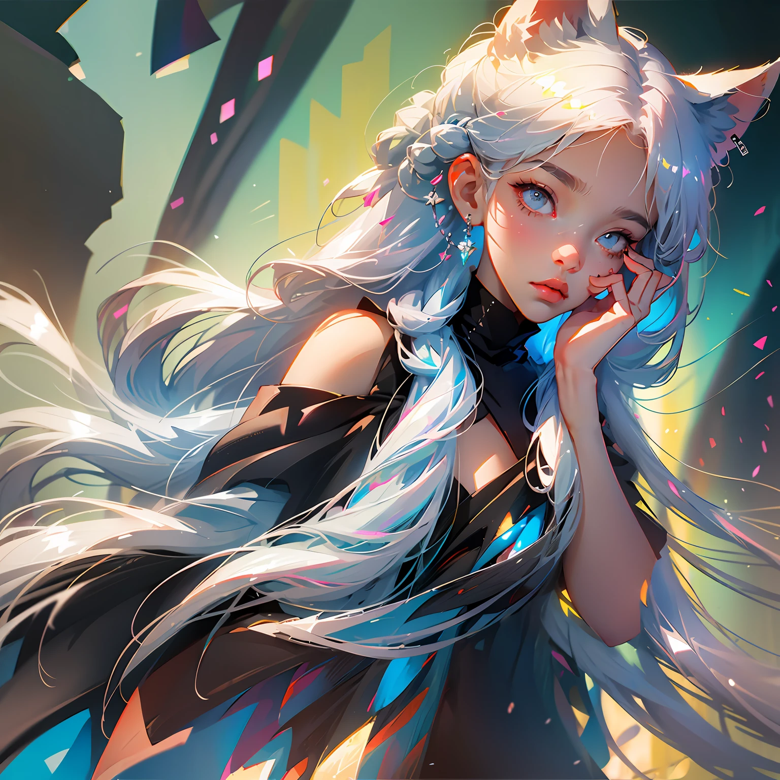 1girl, huge breasts, looking at viewer, facing viewer, white hair, dark skin, simple background, claws, hair over one eye, white fur, animal ears, breast curtains, solo --auto