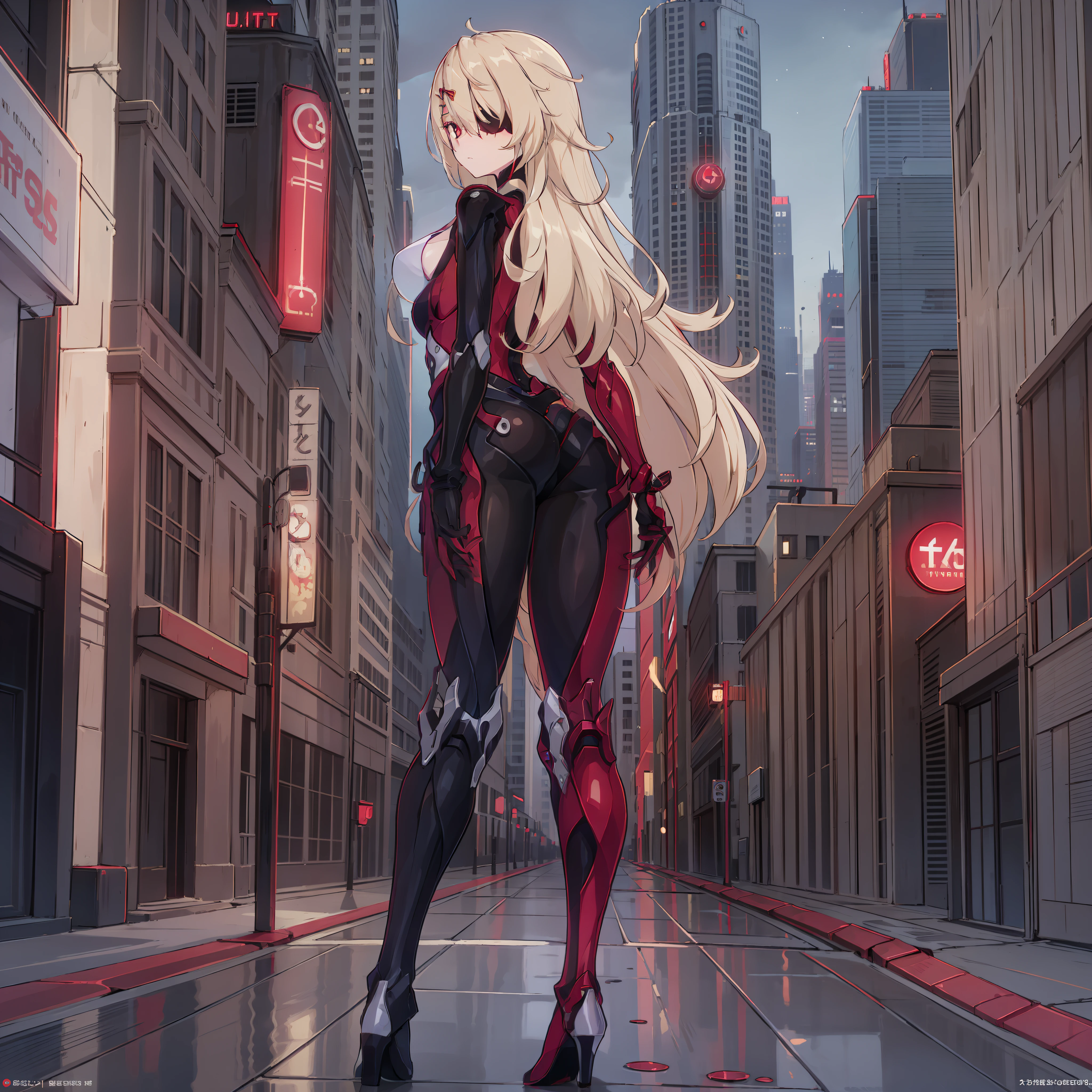 Age 30 years woman, Long blonde hair with pin doll, Wearing left eye patch, wearing a black red white bodysuit, high heels, red nails and eyes, facing back On the cyberpunk city, looking at viewer, sad, best quality, masterpiece, HD, Full Body, beautiful face, Night sky, variation angle