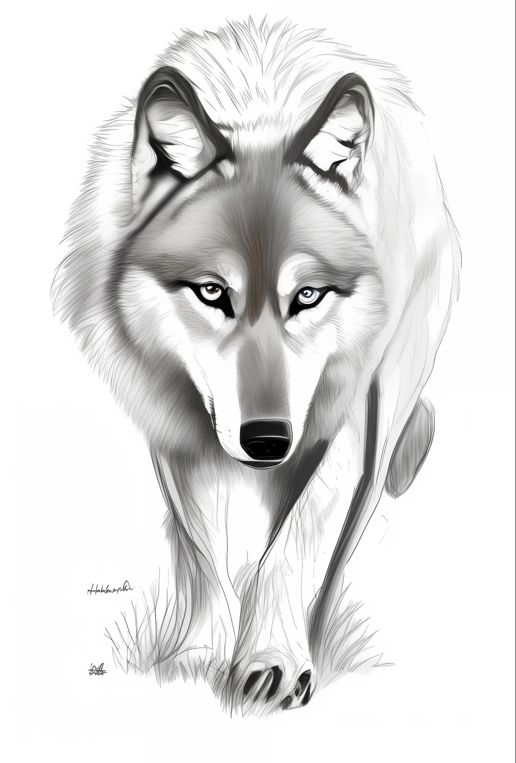 A drawing of a wolf with a sign of strength, portrait of a wolf, by wolf Huber, great wolf, wolf and their treasure, white wolf, white wolf, wolf, portrait of a wolf, inspired by wolf Huber, highly detailed animal, furry wolf, portrait of a wolf's head, blue eyes, pen and ink works. Clear focus, wildlife painting