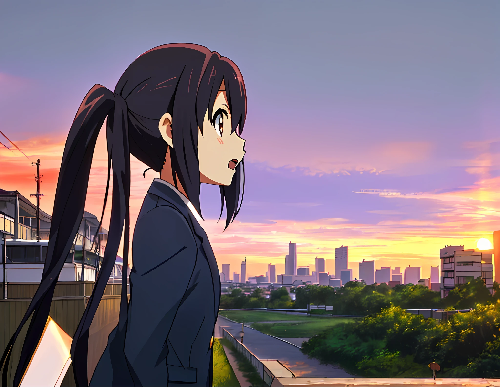 1girl, ((((Masterpiece))), Best Quality, Best Quality, High Detail, Azusa Nakano, 1girl, Sakuragaoka High School Uniform, Musical Instrument, School Uniform, Twin Tails, Long Hair, Black Hair, Brown Eyes, Solo, Red, Dark blue blazer with a thin ribbon of red, Solid white button shirt under blazer, Illustration, Cartoon, Soothing tones, Muted colors, Soft cinematic light, Adobe Lightroom, Photo Lab, HDR, complex and highly detailed, (((depth of field))))). (((Masterpiece))). (((highest quality))).) ((super detail))). (((Illustration))). (((Outside))). (((fighting stance))).,((((Giantization))).dynamic focus.small breasts. (((skyscrapers))). (((Cityscape))). (((Despair Face))). open mouth. (((Sunset))). (((Sunset))). (((clench fists))). (((Proud))). (((small breasts))). ((((View from side))).