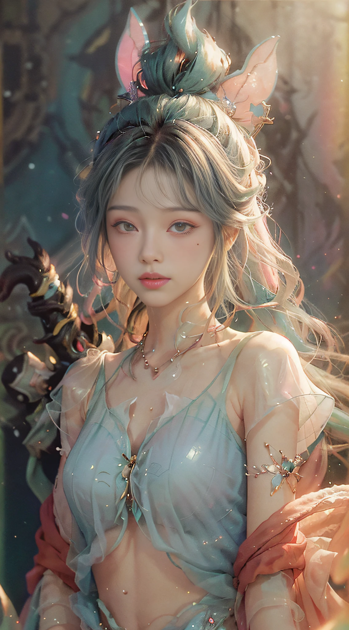 (fluorescent colors:1.4),(translucent:1.4),(retro filters:1.4), (fantasy:1.4), candy world Disney land ethereal soft fluffy soft landscape forest snowavatar Pastel pink sky green blue sparkle ethereal light pastel whimsical light rainbow stars diamonds sparkle gemstone background hyper realistic Ultra quality cinematic lighting immense detail Full hd painting Well lit,