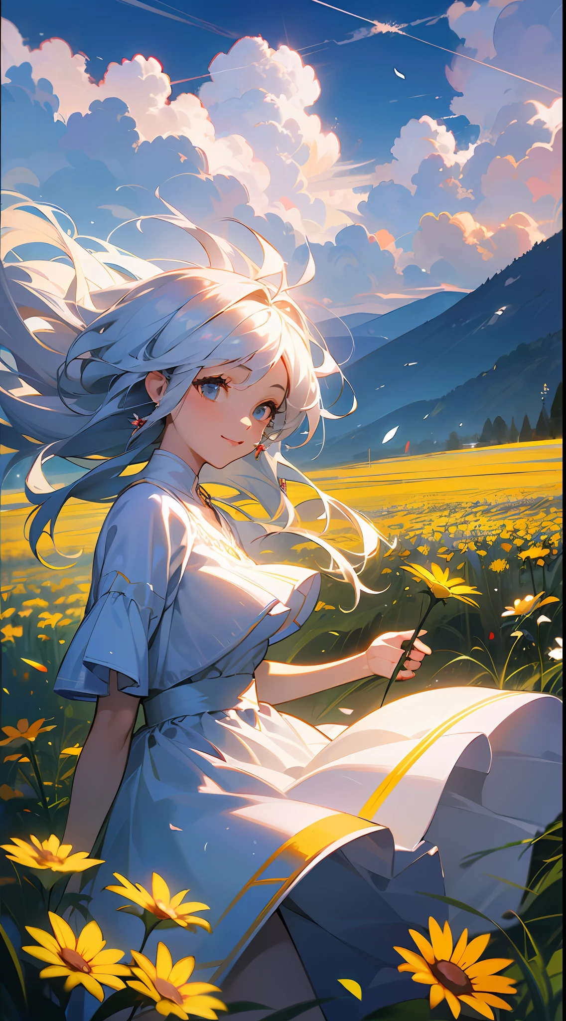 1 Girl, Dynamic Angle, Clouds and Mountains, (Flower Field: 1.4) in the foreground, White dress, Light tracing, (Floating Colorful Wind: 1) (Realistic: 1.4), Official Art, Unity 8k wallpaper, Ultra detailed, Beautiful and beautiful, Masterpiece, Best Quality, Glow Skin, Movie Lighting, Light Smile