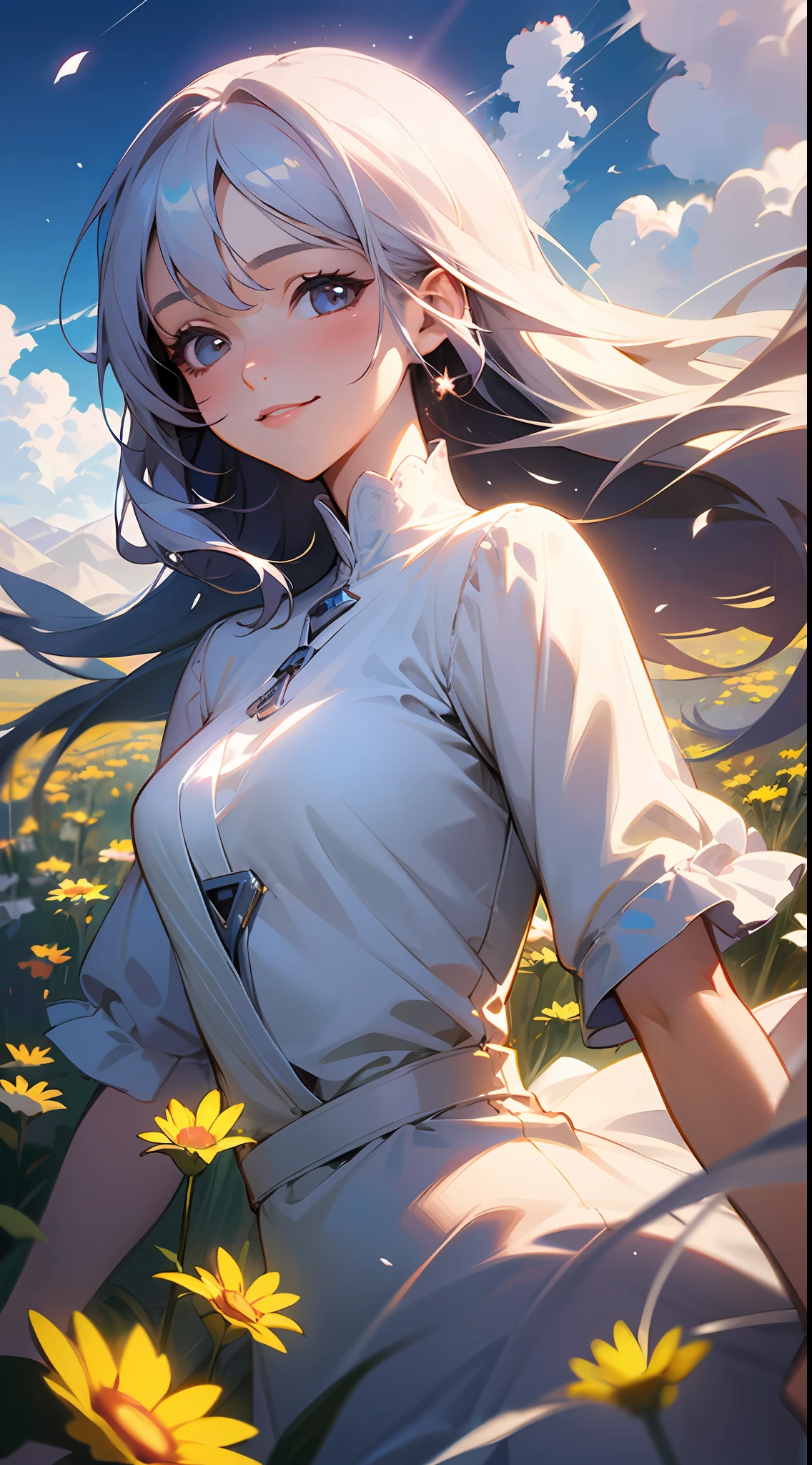 1 Girl, Dynamic Angle, Clouds and Mountains, (Flower Field: 1.4) in the foreground, White dress, Light tracing, (Floating Colorful Wind: 1) (Realistic: 1.4), Official Art, Unity 8k wallpaper, Ultra detailed, Beautiful and beautiful, Masterpiece, Best Quality, Glow Skin, Movie Lighting, Light Smile
