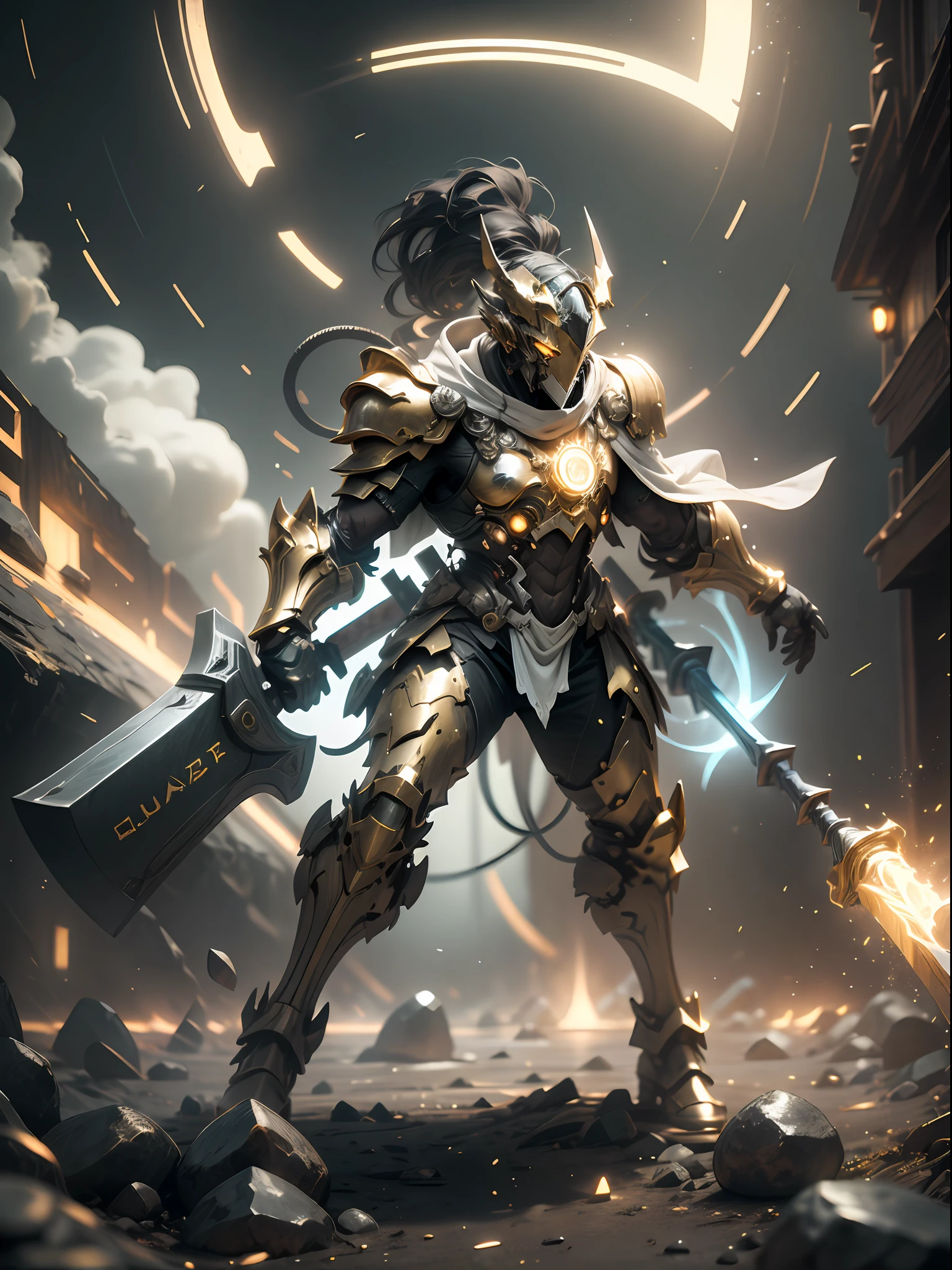 Holy Hammer, golden ghost warrior holding sledgehammer, mask covering face, sledgehammer held in hand, hammer smashed to the ground, bandana tied to forehead, strong fat warrior, super cool ghost warrior, male, hammer, sledgehammer, long cloak, with black mask, wearing golden mechanical armor, glowing golden eyes, perfect body proportions, full body shot, looking up, super detail, IP by pop mart, edge light, avatar, octane rendering, blender, clean black background, 3d, c4d, Best Quality, Very Detailed, Ancient Technology, HDR (High Dynamic Range), Ray Tracing, NVIDIA RTX, Super Resolution, Unreal 5, Subsurface Scattering, PBR Textures, Post-processing, Anisotropic Filtering, Depth of Field, Maximum Clarity and Acutance, Multi-layer Textures, Albedo and Highlight Maps, Surface Shading, Accurate Simulation of Light-Material Interactions, Perfect Proportions, Octane Rendering, Two-tone Lighting, Low ISO, White Balance, Rule of Thirds, Wide Aperture, 8K RAW, High Efficiency Subpixels, Subpixel convolution, luminescent particles, light scattering, Tyndall effect