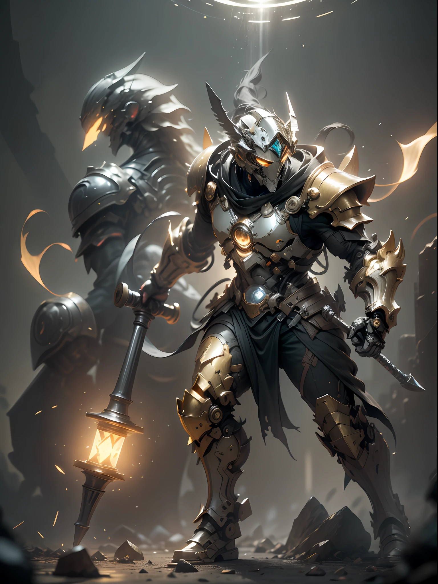 Holy Hammer, golden ghost warrior holding sledgehammer, mask covering face, sledgehammer held in hand, hammer smashed to the ground, bandana tied to forehead, strong fat warrior, super cool ghost warrior, male, hammer, sledgehammer, long cloak, with black mask, wearing golden mechanical armor, glowing golden eyes, perfect body proportions, full body shot, looking up, super detail, IP by pop mart, edge light, avatar, octane rendering, blender, clean black background, 3d, c4d, Best Quality, Very Detailed, Ancient Technology, HDR (High Dynamic Range), Ray Tracing, NVIDIA RTX, Super Resolution, Unreal 5, Subsurface Scattering, PBR Textures, Post-processing, Anisotropic Filtering, Depth of Field, Maximum Clarity and Acutance, Multi-layer Textures, Albedo and Highlight Maps, Surface Shading, Accurate Simulation of Light-Material Interactions, Perfect Proportions, Octane Rendering, Two-tone Lighting, Low ISO, White Balance, Rule of Thirds, Wide Aperture, 8K RAW, High Efficiency Subpixels, Subpixel convolution, luminescent particles, light scattering, Tyndall effect
