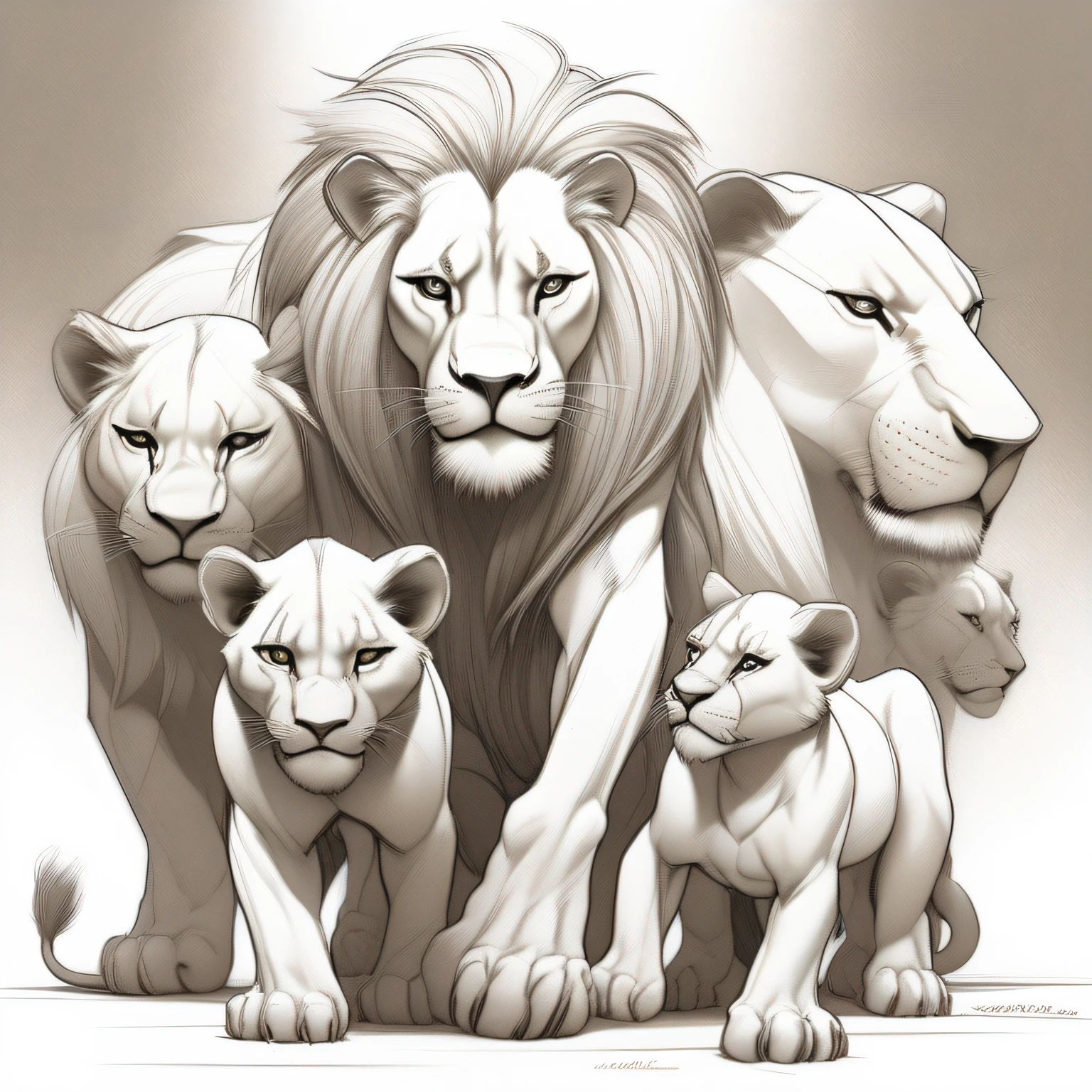 lion, lioness and five cubs on a white and uncolored background, linear art, super real, charcoal, high resolution, art by Stanley Artgerm Lau, art by Joe Madureira, art by BlushySpicy, art by Stjepan Sejic, Art by J Scott Campbell, Art by Citemer Liu, Art by Milo Manara, Art by Enki Bilal, Black and White Drawing, Fantasy Style, 2D Illustration Drawing, Drawing, 2D Pencil Drawing, Intricate Details, Blend of bold, Dark Lines and loose lines, Rough sketch, On paper, Ethereal, anime, Romanticism, anaglyph, 4K, high quality, UHD, UHD, high quality, best quality