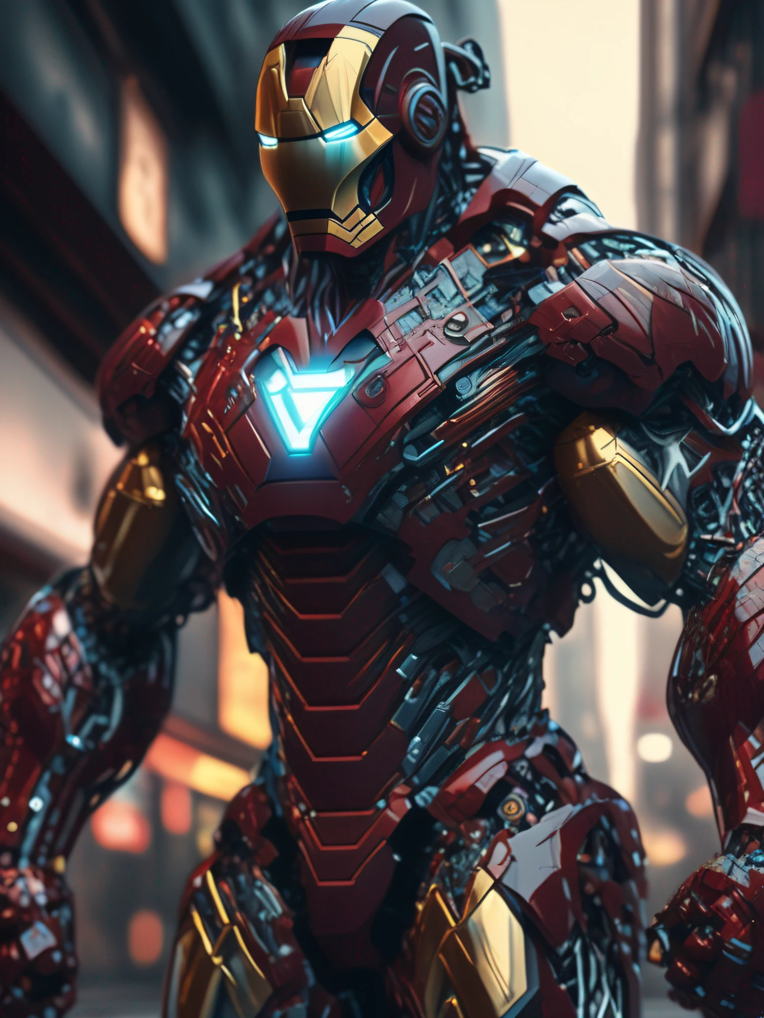 Iron Man Bodybuilder, full body photo, Cyberpunk, 8k, detailed background, intricate, highly detailed, octane render, HD, 8k, by Annie Leibovitz, 120mm