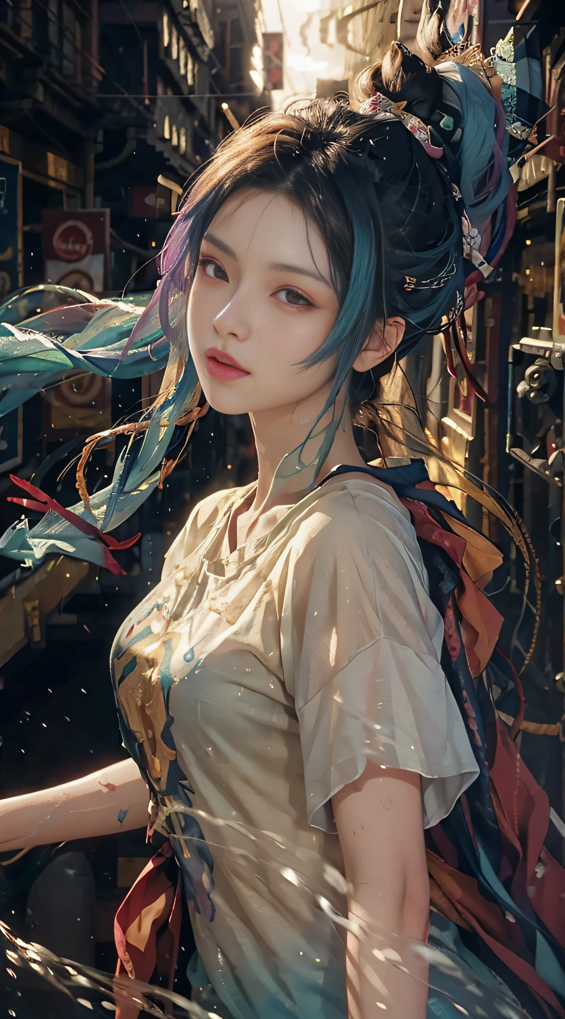 (Height difference: 1.8), (paint splashes on canvas), (depth of field), 1 girl's side face blends in, ((side face)), open mouth, (liquid pigment rainbow hair: 1.1) made of painting gravity resistant, thick flow, (paint splash: 1.3), liquid, beautiful, masterpiece, detail background, super high quality model, ethereal background, abstract beauty, explosion volume, oil painting, heavy stroke, romantic light, sub-surface scattering, lens 135mm, f1.8, glow, 8k, high resolution, dreamy, ray tracing, hdr, god ray, dew skin, sweat skin, wavy blonde, nylon t-shirt, punk girl, brunette hair, transparent, rainy day, fog, alley, umbrella, large and transparent umbrella,