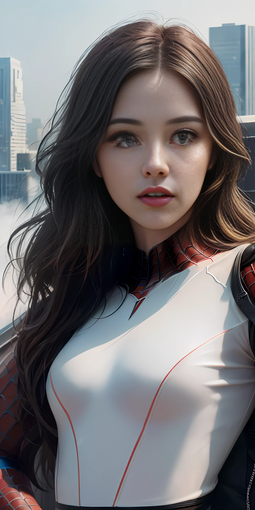 (1 girl:1.3), Solo, (((Highly detailed face)))), ((Highly detailed eyes and face)))), Beautiful detailed eyes, Body parts__, official art, unified 8k wallpaper, ultra detailed, beautiful and beautiful, beautiful, masterpiece, best quality, original, masterpiece, ultra fine photography, best quality, ultra high definition, realistic realism, sunlight, full body portrait, amazing beauty, Dynamic pose, delicate face, vivid eyes, (from the front), she is in a spider-man suit, red and black color scheme, spider, highly detailed city roof background, rooftop, overlooking the city, detailed face, detailed complex busy background, messy and gorgeous milky white, highly detailed skin, realistic skin details, visible pores, clear focus, volumetric fog, 8k UHD, DSLR, high quality, film grain, fair skin, photorealism, lomography, futuristic dystopian megalopolis, translucent, sheer, protruding pubic hair,