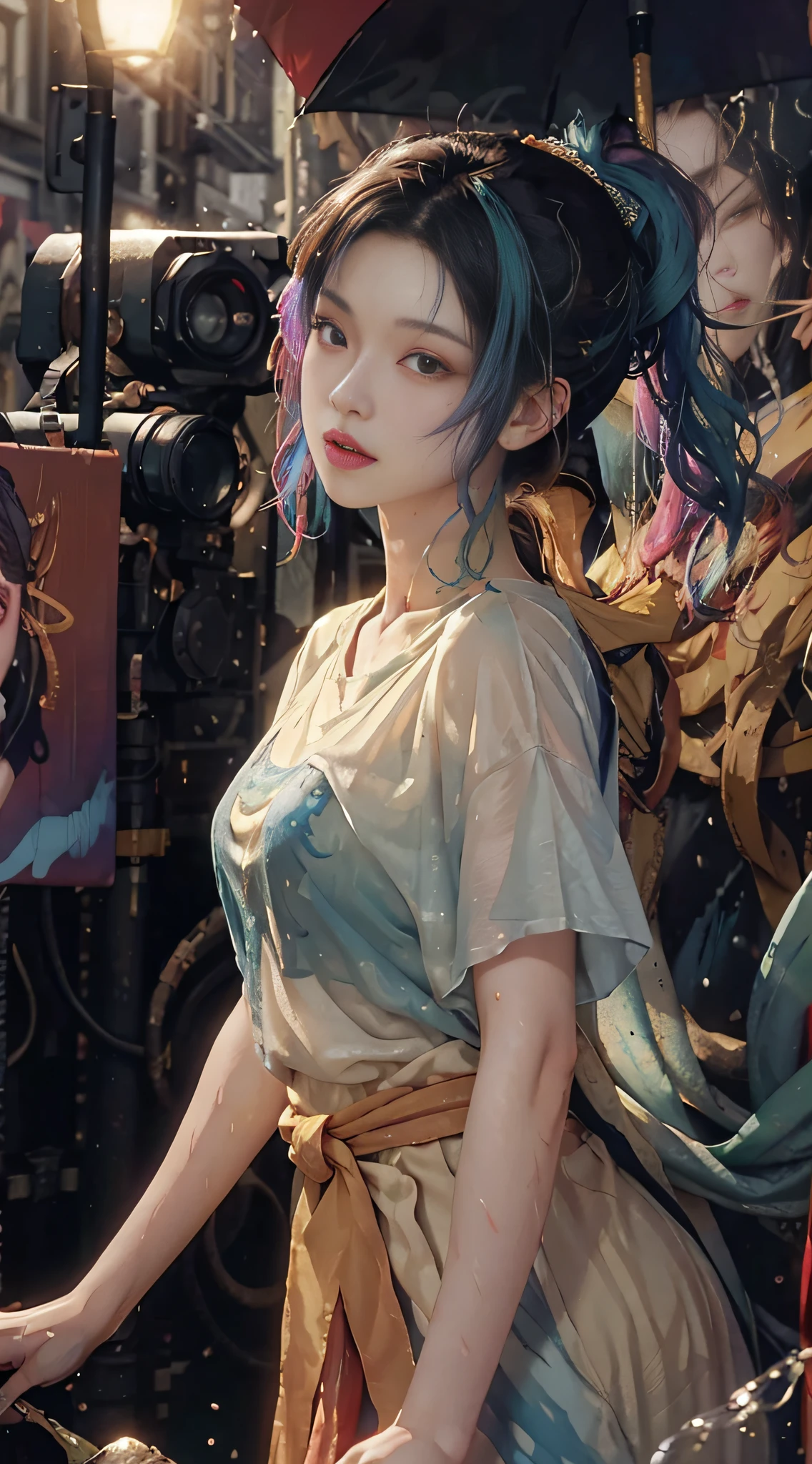 (Height difference: 1.8), (paint splashes on canvas), (depth of field), 1 girl's side face blends in, ((side face)), open mouth, (liquid pigment rainbow hair: 1.1) made of painting gravity resistant, thick flow, (paint splash: 1.3), liquid, beautiful, masterpiece, detail background, super high quality model, ethereal background, abstract beauty, explosion volume, oil painting, heavy stroke, romantic light, sub-surface scattering, lens 135mm, f1.8, glow, 8k, high resolution, dreamy, ray tracing, hdr, god ray, dew skin, sweat skin, wavy blonde, nylon t-shirt, punk girl, brunette hair, transparent, rainy day, fog, alley, umbrella, large and transparent umbrella,