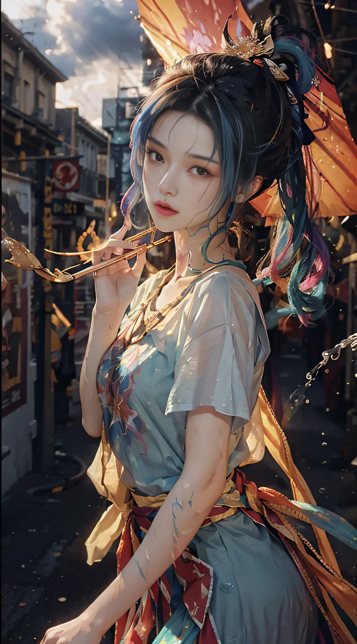 (Height difference: 1.8), (paint splashes on canvas), (depth of field), 1 girl's side face blends in, ((side face)), open mouth, (liquid pigment rainbow hair: 1.1) made of painting gravity resistant, thick flow, (paint splash: 1.3), liquid, beautiful, masterpiece, detail background, super high quality model, ethereal background, abstract beauty, explosion volume, oil painting, heavy stroke, romantic light, sub-surface scattering, lens 135mm, f1.8, glow, 8k, high resolution, dreamy, ray tracing, hdr, god ray, dew skin, sweat skin, wavy blonde, nylon t-shirt, punk girl, brunette hair, transparent, rainy day, fog, alley, umbrella, large and transparent umbrella,