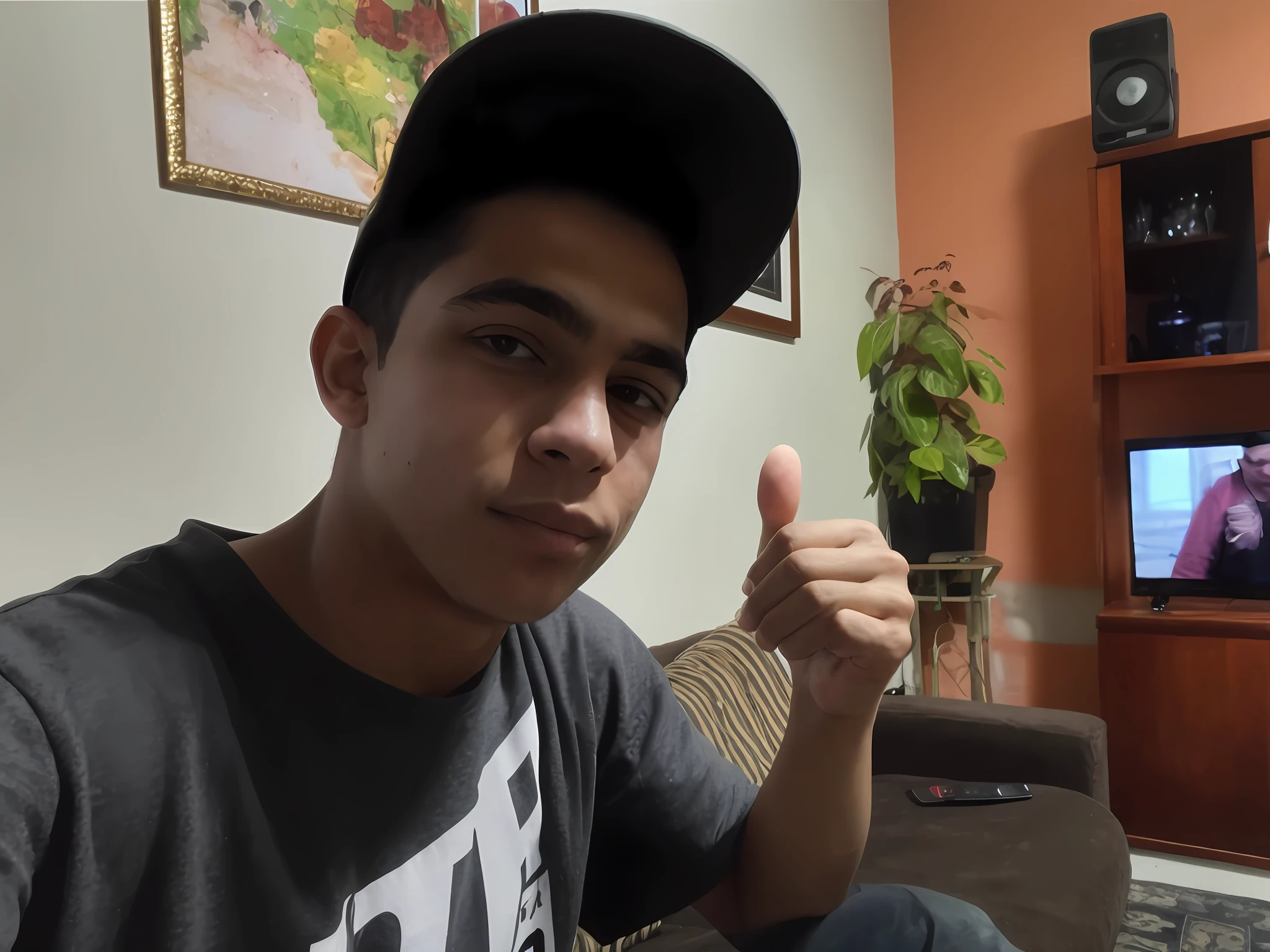 boy sitting on a couch with a hat on giving a thumbs up, mateus 9 5, foto realista, giving a thumbs up to the camera, giving the thumbs up, around 1 , ismail, jose miguel roman frances, caio santos, male teenager, t 1 6 years old, gibs up, doing a thumb up