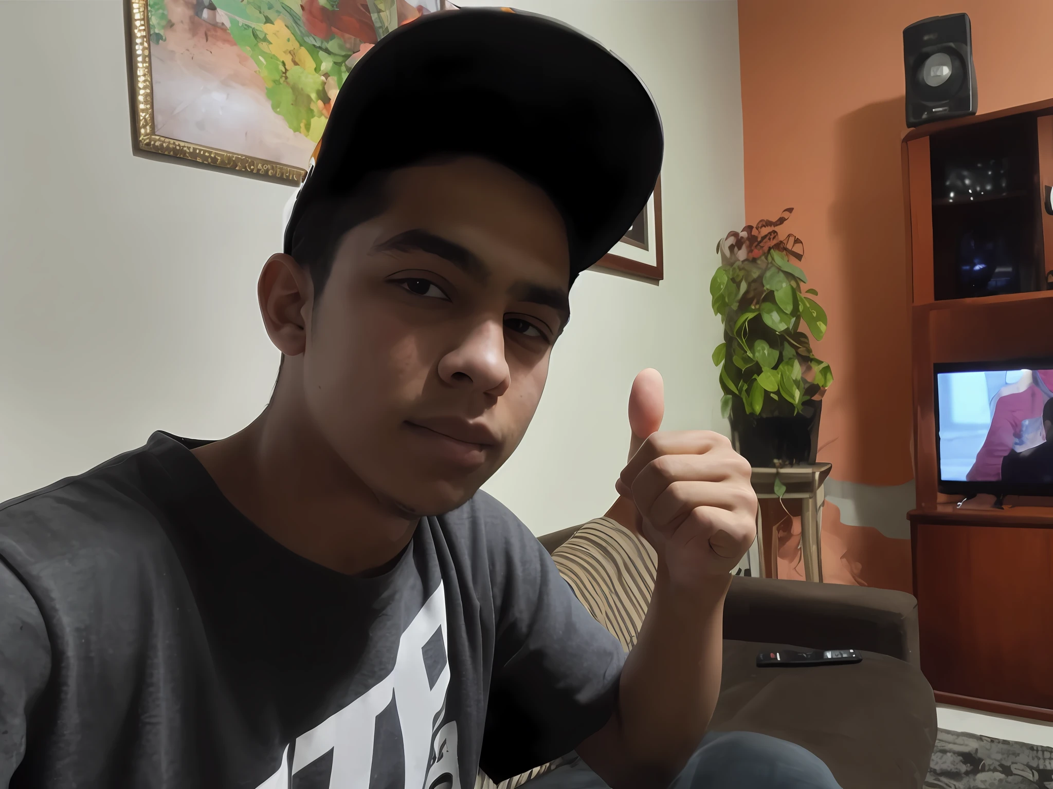 boy sitting on a couch with a hat on giving a thumbs up, mateus 9 5, foto realista, giving a thumbs up to the camera, giving the thumbs up, around 1 9 , ismail, jose miguel roman frances, caio santos, male teenager, tommy 1 6 years olda thumbs up, doing a thumb up