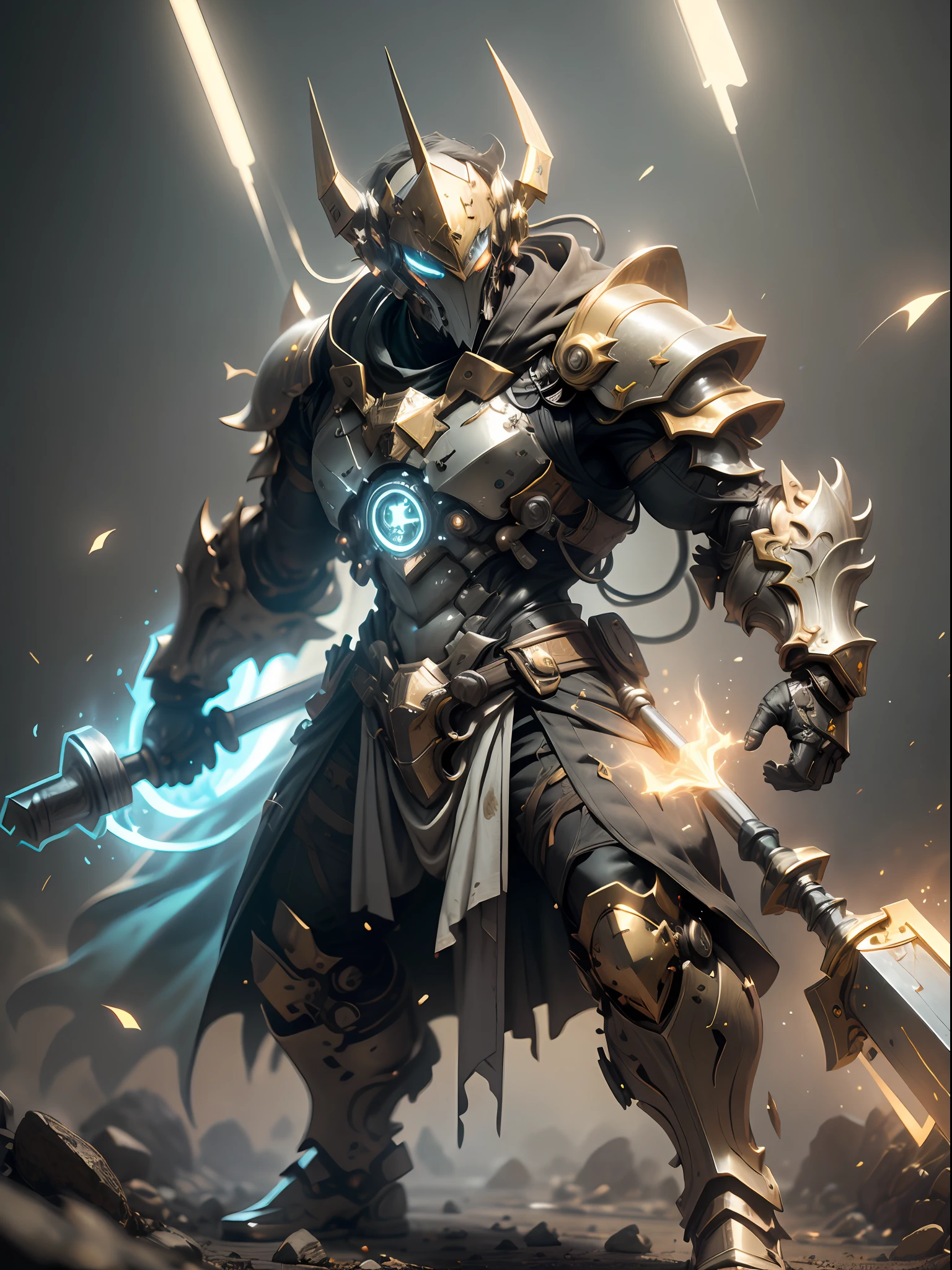 Holy Hammer, golden ghost warrior holding sledgehammer, mask covering face, sledgehammer held in hand, hammer smashed to the ground, bandana tied to forehead, strong fat warrior, super cool ghost warrior, male, hammer, sledgehammer, long cloak, with black mask, wearing golden mechanical armor, glowing golden eyes, perfect body proportions, full body shot, looking up, super detail, IP by pop mart, edge light, avatar, octane rendering, blender, clean black background, 3d, c4d, Best Quality, Very Detailed, Ancient Technology, HDR (High Dynamic Range), Ray Tracing, NVIDIA RTX, Super Resolution, Unreal 5, Subsurface Scattering, PBR Textures, Post-processing, Anisotropic Filtering, Depth of Field, Maximum Clarity and Acutance, Multi-layer Textures, Albedo and Highlight Maps, Surface Shading, Accurate Simulation of Light-Material Interactions, Perfect Proportions, Octane Rendering, Two-tone Lighting, Low ISO, White Balance, Rule of Thirds, Wide Aperture, 8K RAW, High Efficiency Subpixels, Subpixel convolution, luminescent particles, light scattering, Tyndall effect