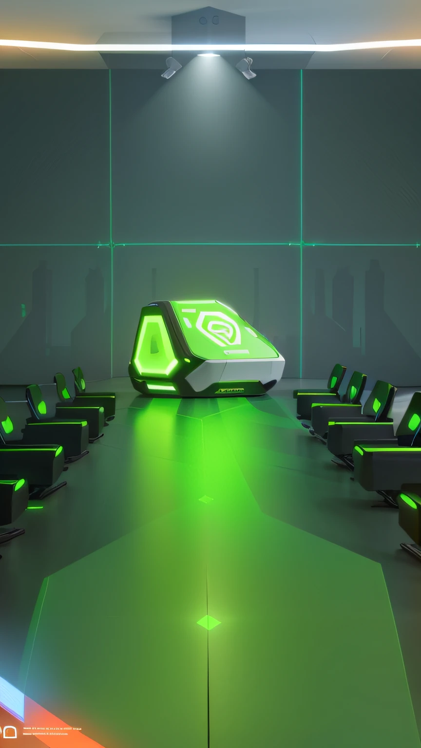 there is a futuristic room with a computer mouse and a lot of seats, nvidia omniverse, rendered in nvidia's omniverse, futuristic government chambers, glowing interior components, futuristic setting, gaming room in 2 0 4 0, nvidia and behance, octagon render 8k, futuristic room, nvidia raytracing, futuristic room background, green ambient light