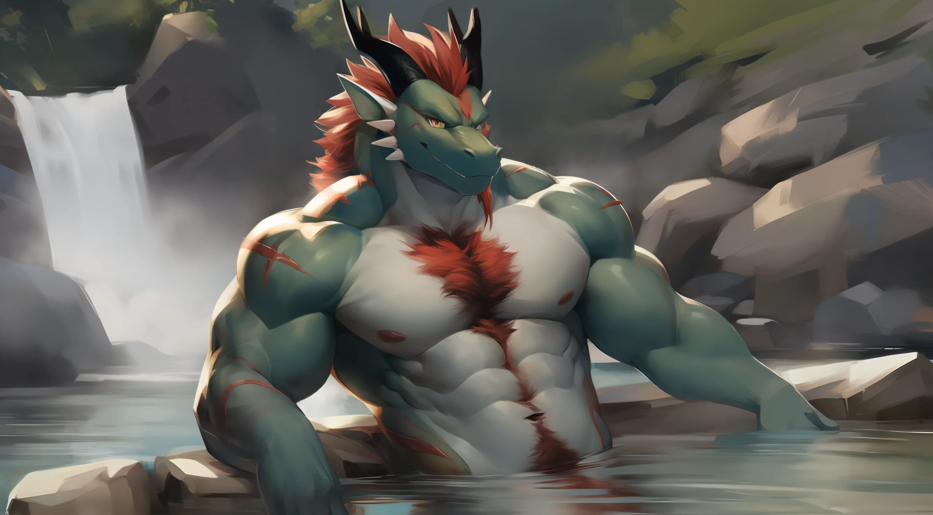 eastern dragon, solo,  adult, mature, strong,, tail, dragon tail, old, barbel, fluffy mane,  yupa, kiyosan, dark green body, red hair, detailed background, wide dynamic range, hdr,. ,handsome, scales, looking at viewer, black horns, chest hair, massive pecs, abs, (happy trail), (red scars), smirk, (veiny), pubic hair, crotch tuft, bulging muscles, sitting, relaxed,, smirk, thick thighs, muscular legs, thick tail, big tail,  hot springs, bathing, misty, steamy, in water, waterfall,