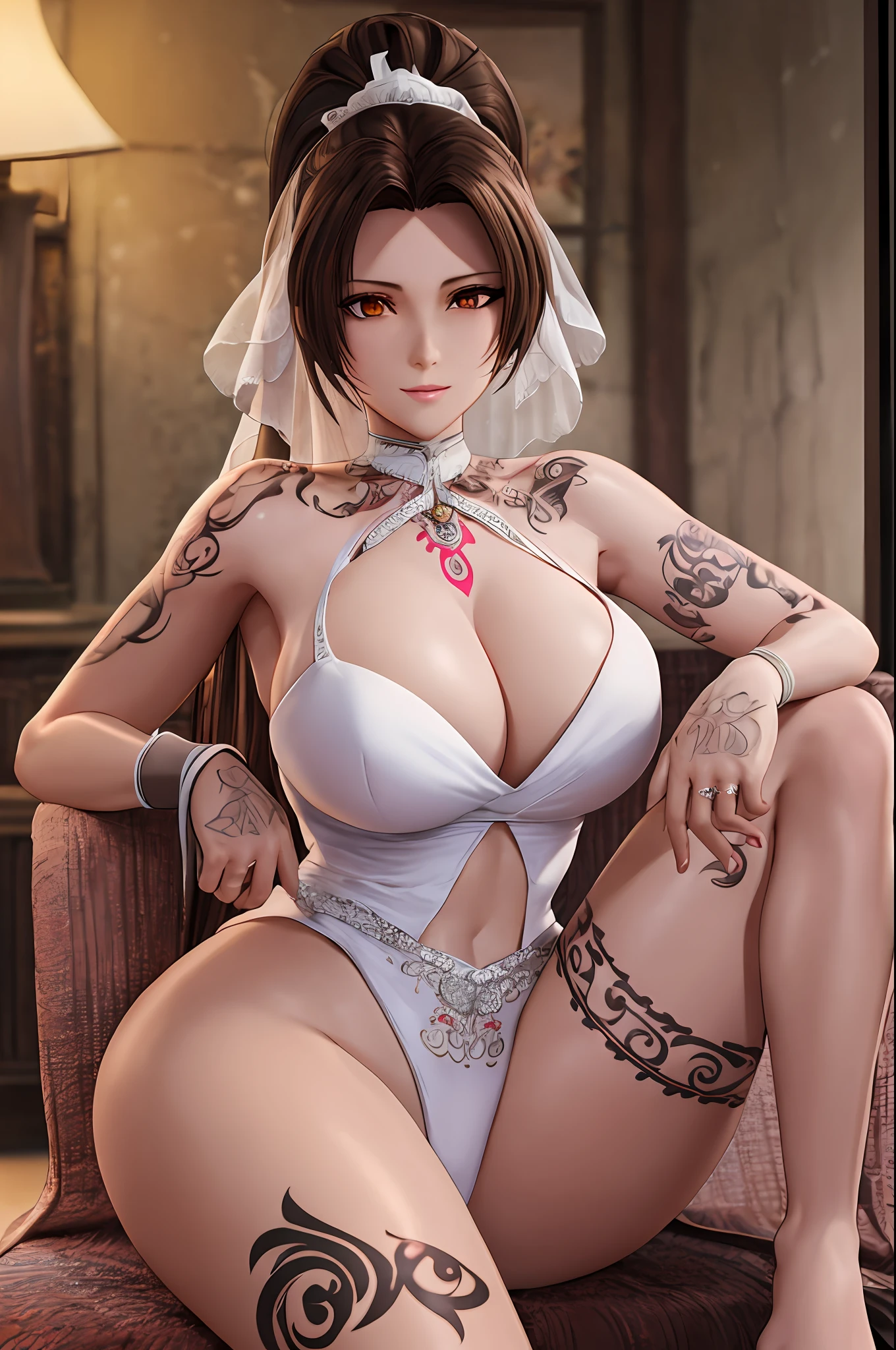 nighttime,full body,KOF:Mai Shiranui ,(((Wearing White wedding dress ))), Jewelry ,Elegant sitting posture,Masterpiece,best quality,official art,extremely detailed, 3D, Cinema 4D,8k, ( ##tattoo ##,tattoo, ~+ tattoo),(Perfect female curves, huge stacked breast),(A seductive gaze), Facing the camera, Pink lips,Delicate fingers and hands,magic hour, Rembrandt lighting, front lighting and fill lighting, hard shadow,