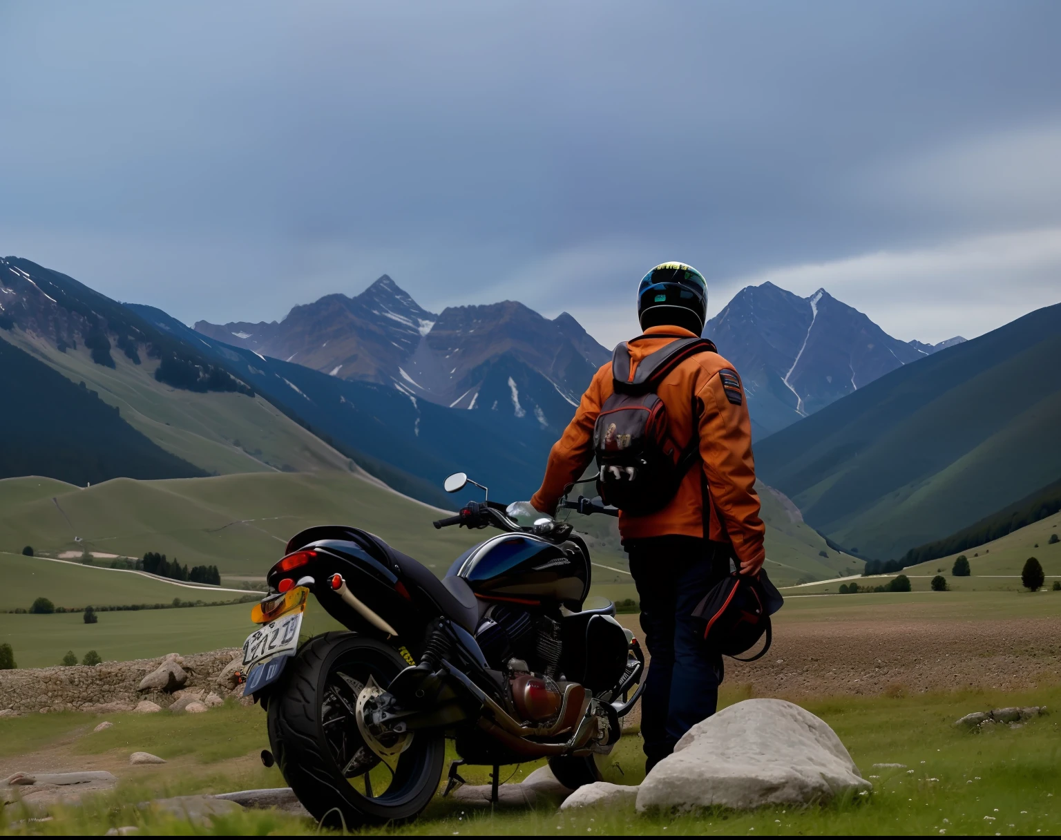 there is a man standing next to a motorcycle in a field, epic mountains in the background, looking at the mountains, with mountains in the background, with mountains in background, mountains in the background, cinematic silk road lanscape, with mountains in the distance, moutain in background, with mountains as background, motorbiker, mountain in the background, lonely rider