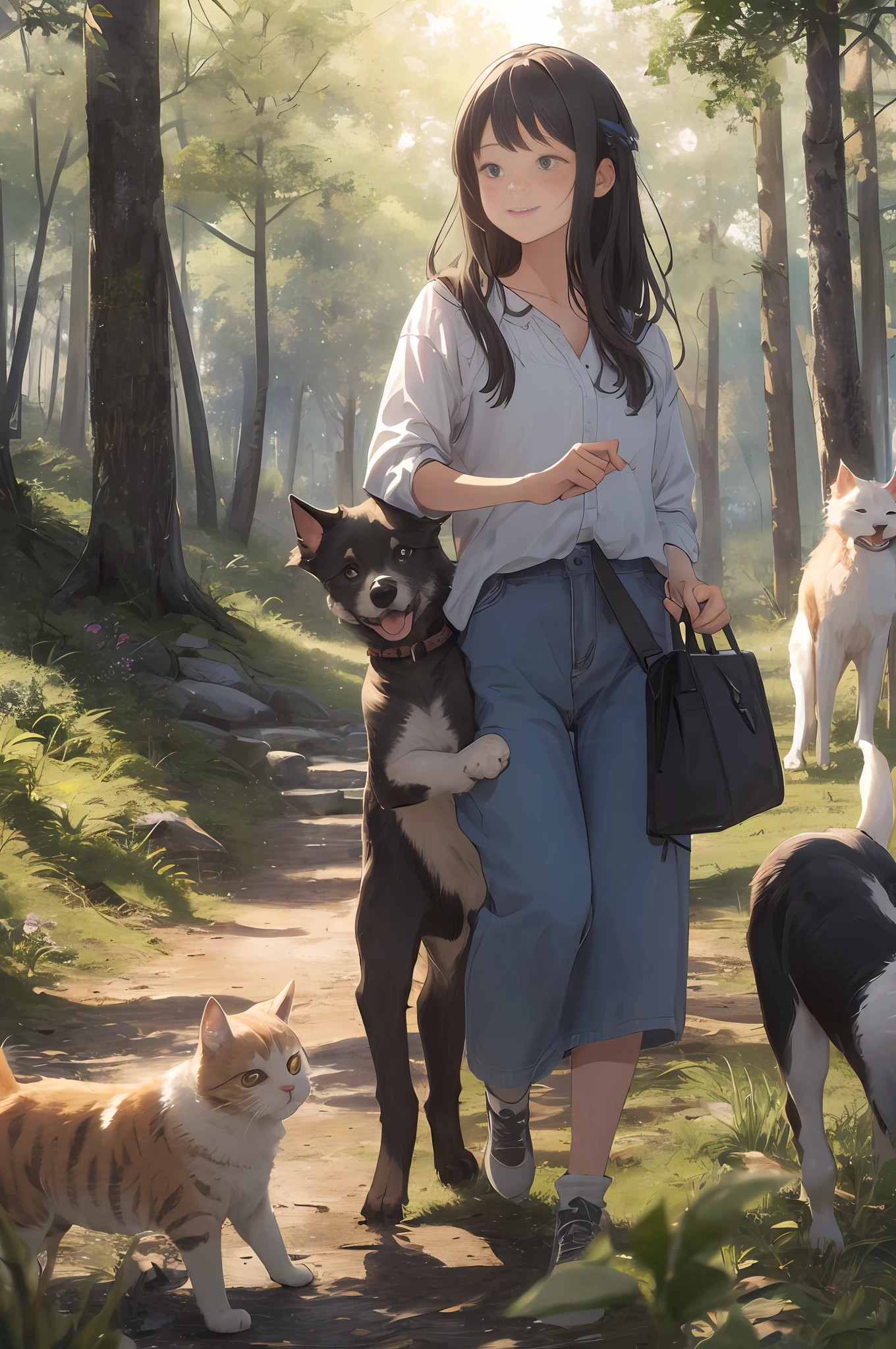 Realistic, (best quality, masterpiece: 1.3), (mother, father, child), dogs and cats, in the mountains and forests, sunshine, picnic, happy,