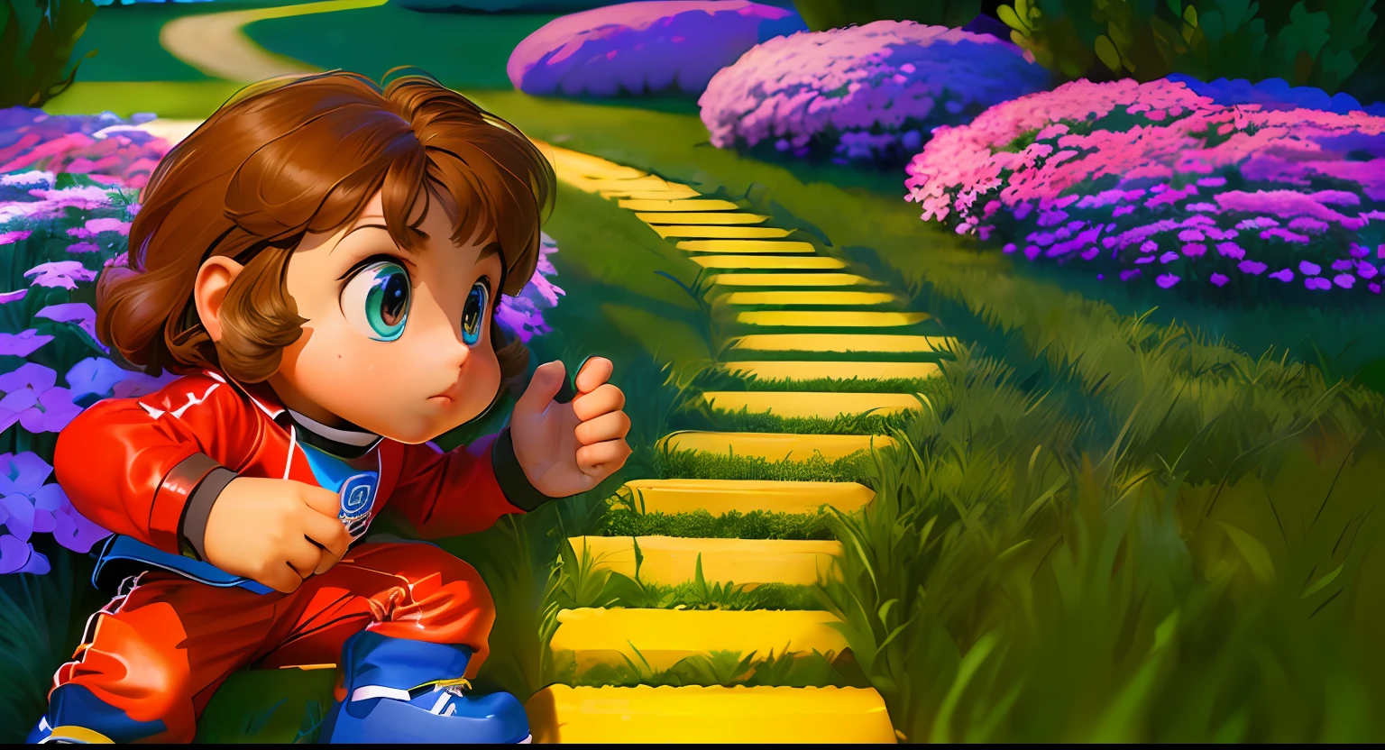 (ultra high res), ((photorealistic)), ((Hyperrealism)), ((Perfect lighting)), Alex Kidd, on a yellow brick lawn, extremely realistic, ultra detailed, 8k,