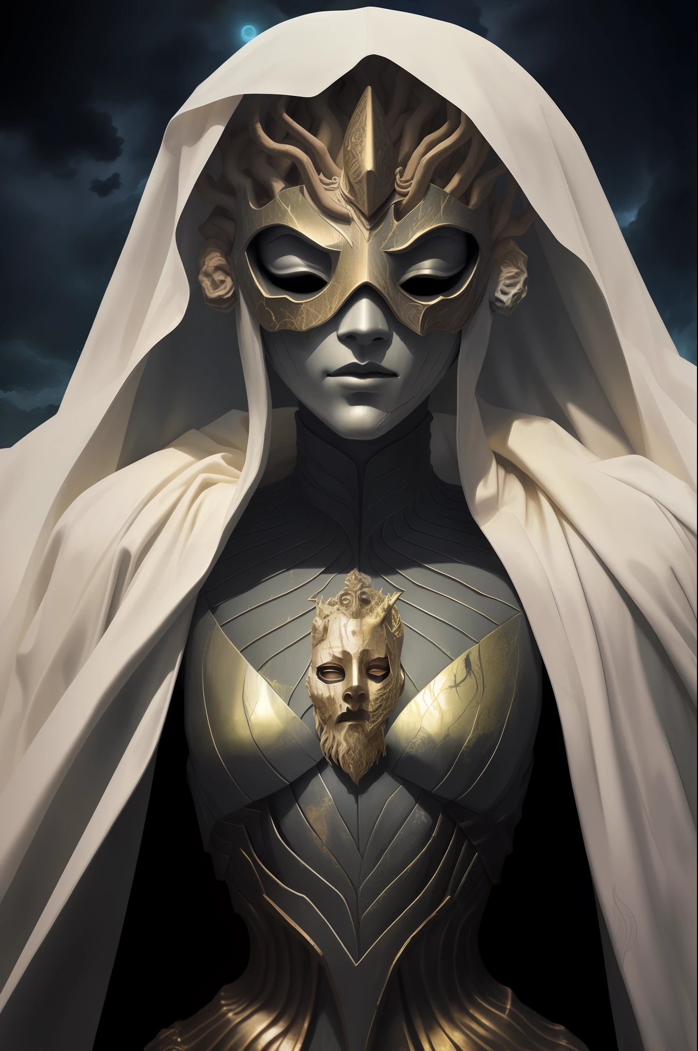 a stern Eldritch ancient god in the storm at night, draped in cloak of stars, [[Sophia Anne Caruso]], [Zendaya], translucent ivory masquerade mask of Eldritch horror, erotic pose, closed eyes, cinematic lighting, (by (Daniel Mernagh) (Carne Griffiths) Monika Nowak), highly detailed, detailed face, soft body, alien