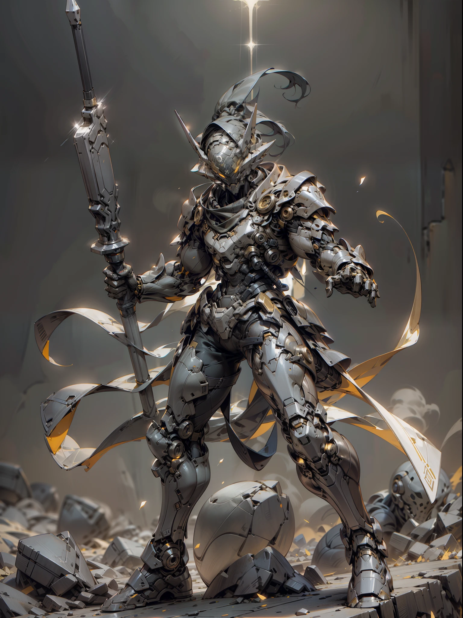 Holy Hammer, golden ghost warrior holding sledgehammer, mask covering face, sledgehammer held in hand, hammer smashed to the ground, bandana tied to forehead, strong fat warrior, super cool ghost warrior, male, hammer, sledgehammer, long cloak, with black mask, wearing golden mechanical armor, glowing golden eyes, perfect body proportions, full body shot, looking up, super detail, IP by pop mart, edge light, avatar, octane rendering, blender, clean black background, 3d, c4d, Best Quality, Very Detailed, Ancient Technology, HDR (High Dynamic Range), Ray Tracing, NVIDIA RTX, Super Resolution, Unreal 5, Subsurface Scattering, PBR Textures, Post-processing, Anisotropic Filtering, Depth of Field, Maximum Clarity and Acutance, Multi-layer Textures, Albedo and Highlight Maps, Surface Shading, Accurate Simulation of Light-Material Interactions, Perfect Proportions, Octane Rendering, Two-tone Lighting, Low ISO, White Balance, Rule of Thirds, Wide Aperture, 8K RAW, High Efficiency Subpixels, Subpixel convolution, luminescent particles, light scattering, Tyndall effect