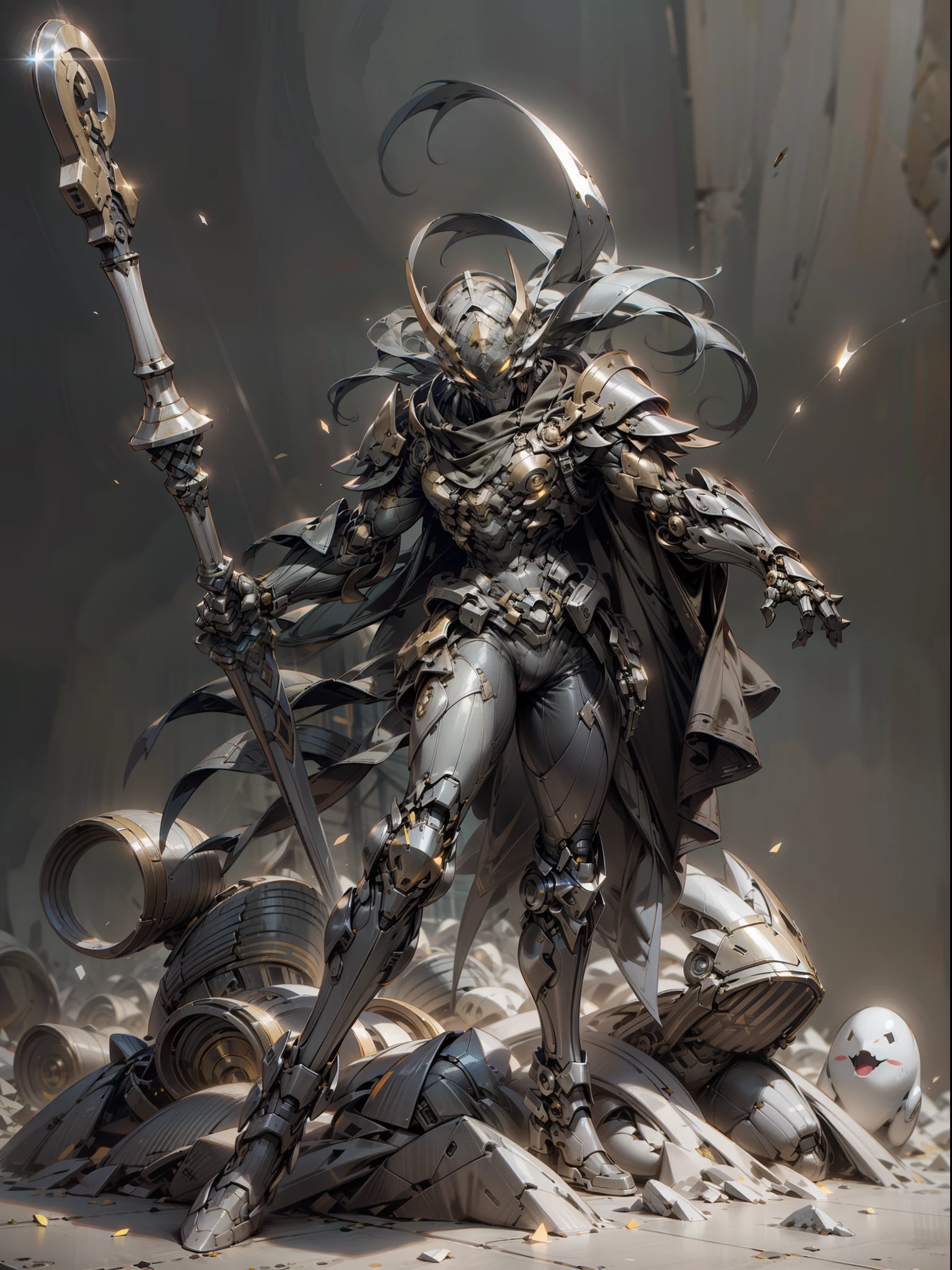 Holy Hammer, golden ghost warrior holding sledgehammer, mask covering face, sledgehammer held in hand, hammer smashed to the ground, bandana tied to forehead, strong fat warrior, super cool ghost warrior, male, hammer, sledgehammer, long cloak, with black mask, wearing golden mechanical armor, glowing golden eyes, perfect body proportions, full body shot, looking up, super detail, IP by pop mart, edge light, avatar, octane rendering, blender, clean black background, 3d, c4d, Best Quality, Very Detailed, Ancient Technology, HDR (High Dynamic Range), Ray Tracing, NVIDIA RTX, Super Resolution, Unreal 5, Subsurface Scattering, PBR Textures, Post-processing, Anisotropic Filtering, Depth of Field, Maximum Clarity and Acutance, Multi-layer Textures, Albedo and Highlight Maps, Surface Shading, Accurate Simulation of Light-Material Interactions, Perfect Proportions, Octane Rendering, Two-tone Lighting, Low ISO, White Balance, Rule of Thirds, Wide Aperture, 8K RAW, High Efficiency Subpixels, Subpixel convolution, luminescent particles, light scattering, Tyndall effect