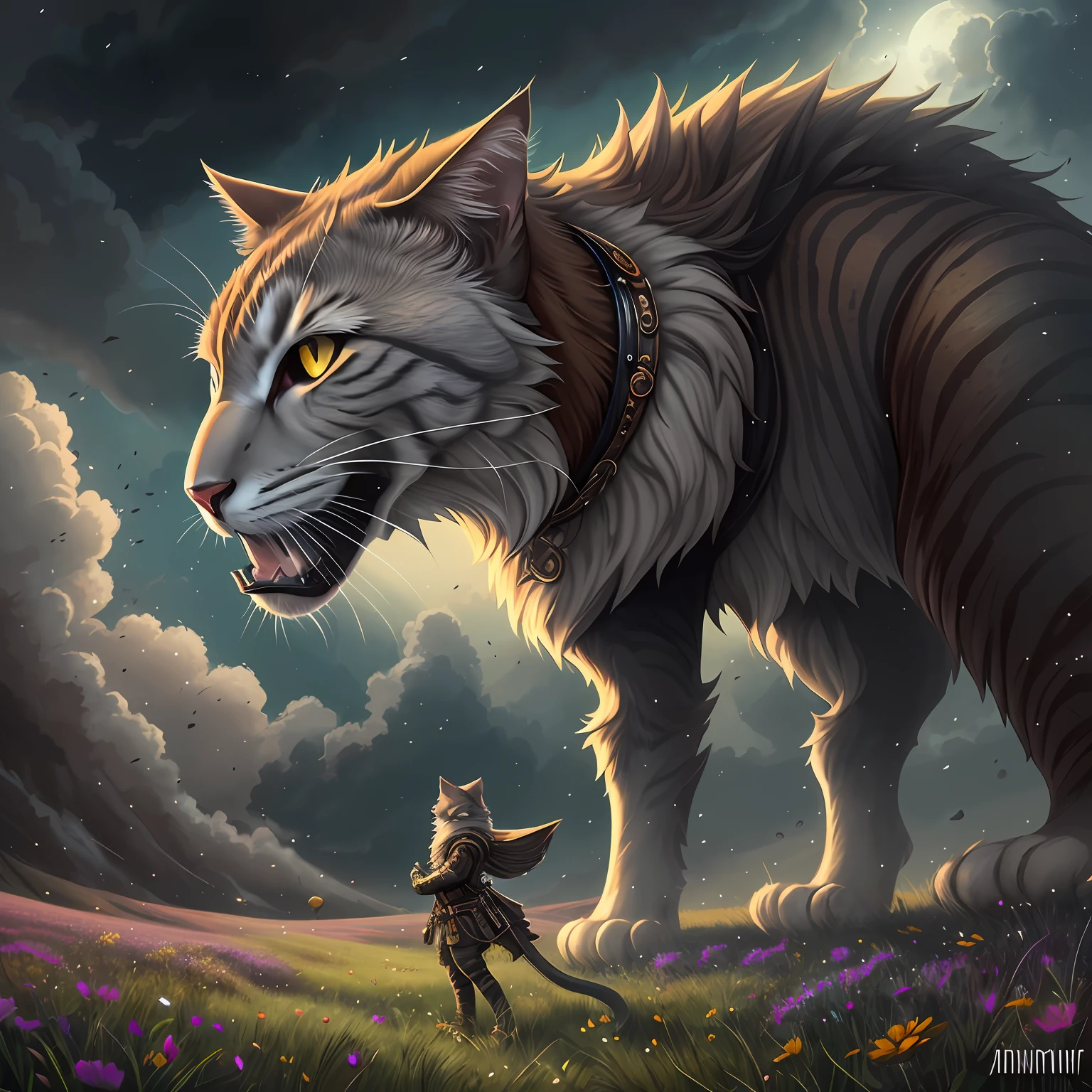 FULLBODY, anthropomorphic super giant cat, steampunk illustration, highly detailed art station, DeviantArt, concept art, digital painting award, fantasy scene, fantasy composition, fantasy, meadow, upright