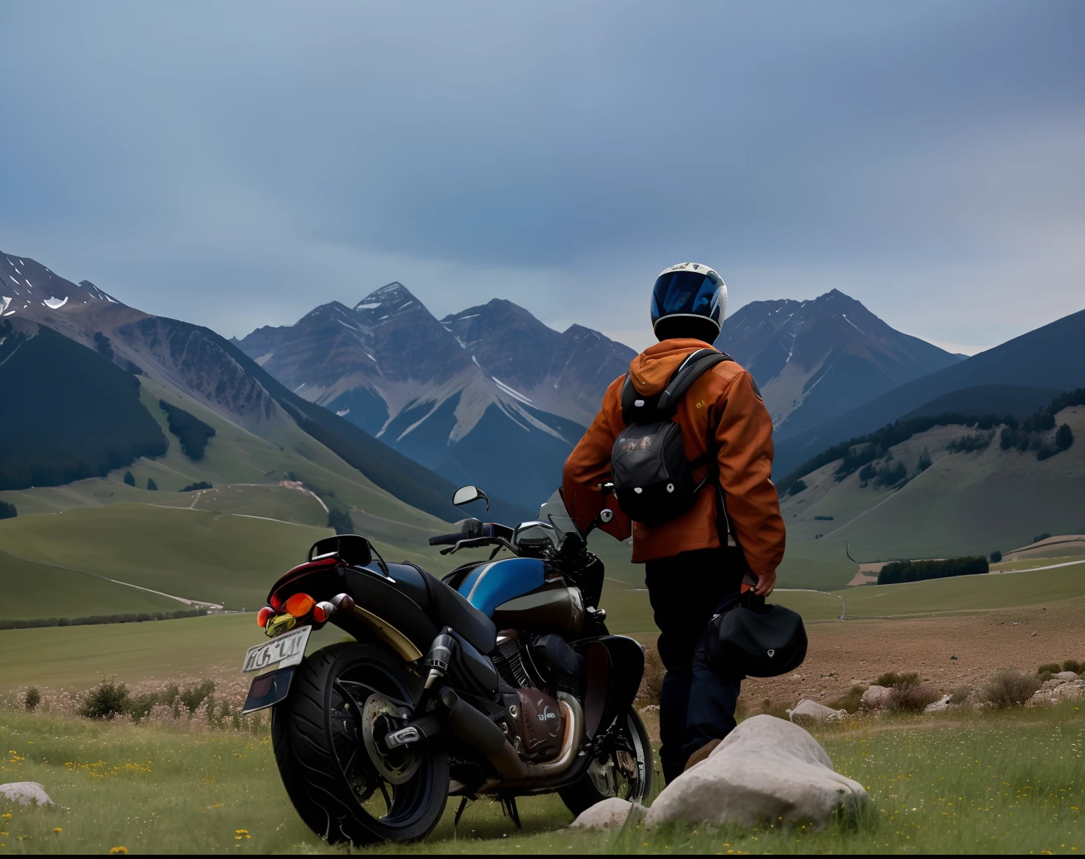 there is a man standing next to a motorcycle in a field, epic mountains in the background, looking at the mountains, with mountains in the background, with mountains in background, mountains in the background, cinematic silk road lanscape, with mountains in the distance, moutain in background, with mountains as background, motorbiker, mountain in the background, lonely rider