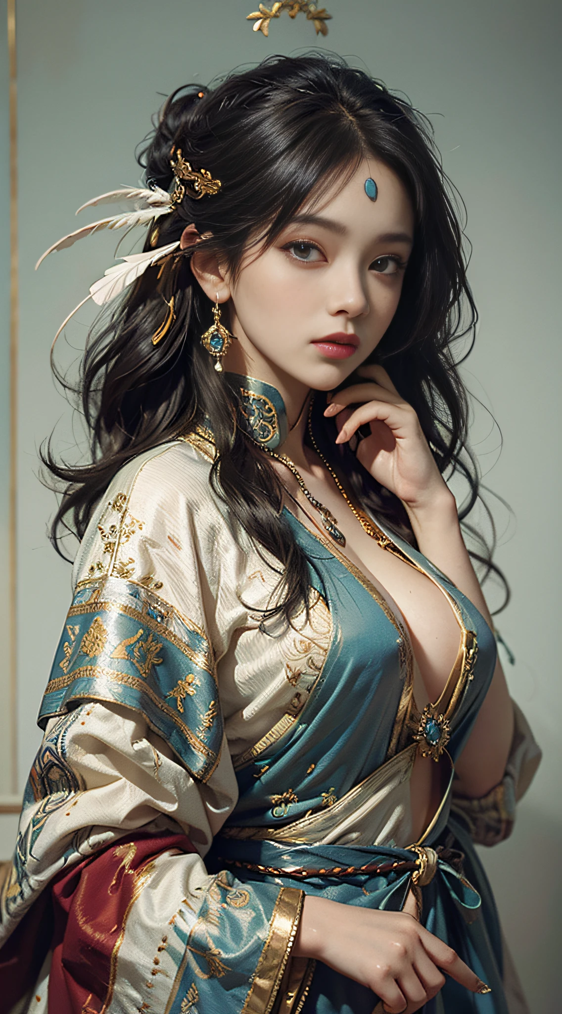 High quality, masterpiece, masterpiece, exquisite facial features, exquisite hair, exquisite eyes, exquisite color hair, 4K picture quality, gorgeous light and shadow, (cowboy_shot),Tyndall effect, halo, messy hair, young state, gorgeous scene, exquisite clothes, chains, feathers, ancient chinese beauty with big eyes very detailed, digital painting, artstation, concept art, sharp focus, illustration, art by greg rutkowski and alphonse mucha and victo ngai