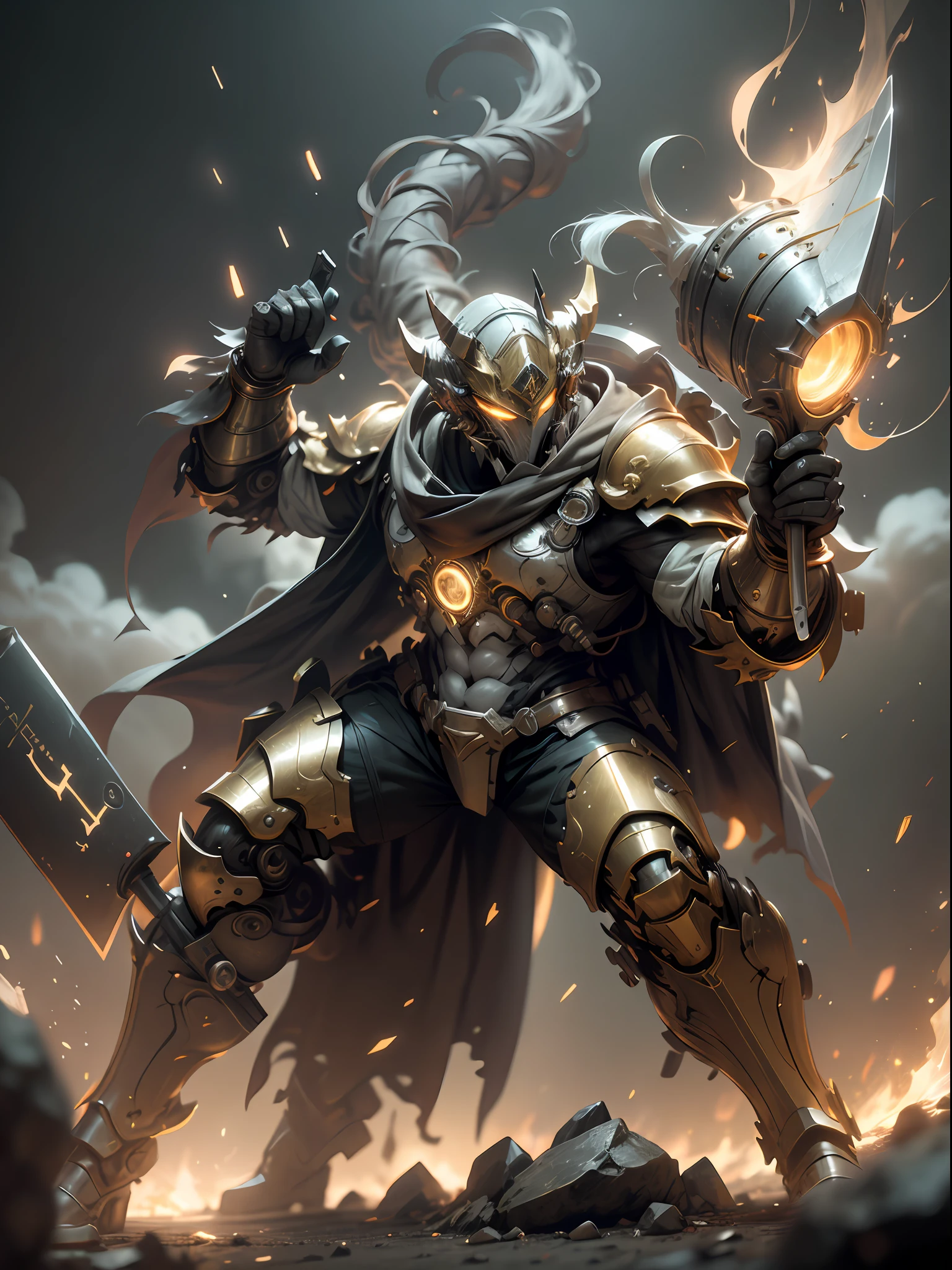 Hammer of Holy Fortitude, golden ghost warrior holding sledgehammer, mask covering face, sledgehammer held in hand, hammer smashed to the ground, bandana tied to forehead, strong fat warrior, super cool ghost warrior, male, hammer, sledgehammer, long cloak, with black mask, wearing golden mechanical armor, glowing golden eyes, perfect body proportions, full body shot, looking up, super detail, IP by pop mart, edge light, avatar, octane rendering, blender, black background of riot battlefield, 3d, c4d, Best Quality, Very Detailed, Ancient Technology, HDR (High Dynamic Range), Ray Tracing, NVIDIA RTX, Super Resolution, Unreal 5, Subsurface Scattering, PBR Textures, Post-processing, Anisotropic Filtering, Depth of Field, Maximum Clarity and Acutance, Multi-layer Textures, Albedo and Highlight Maps, Surface Shading, Accurate Simulation of Light-Material Interactions, Perfect Proportions, Octane Rendering, Two-tone Lighting, Low ISO, White Balance, Rule of Thirds, Wide Aperture, 8K RAW, High Efficiency Subpixels, subpixel convolution, luminescent particles, light scattering, Tyndall effect