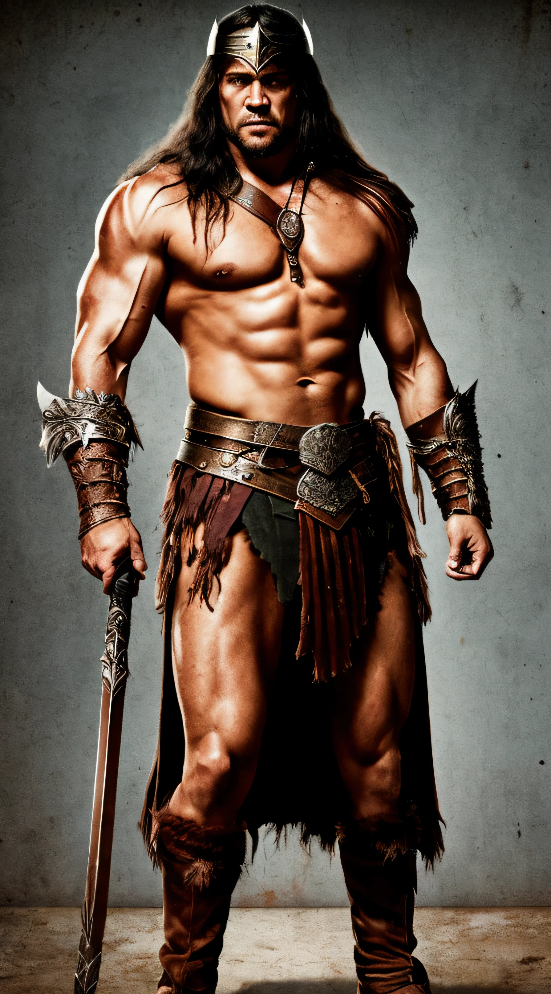 Conan the Barbarian wearing a metal helemt and armor standing in front of a simple D14bl0-style background --auto