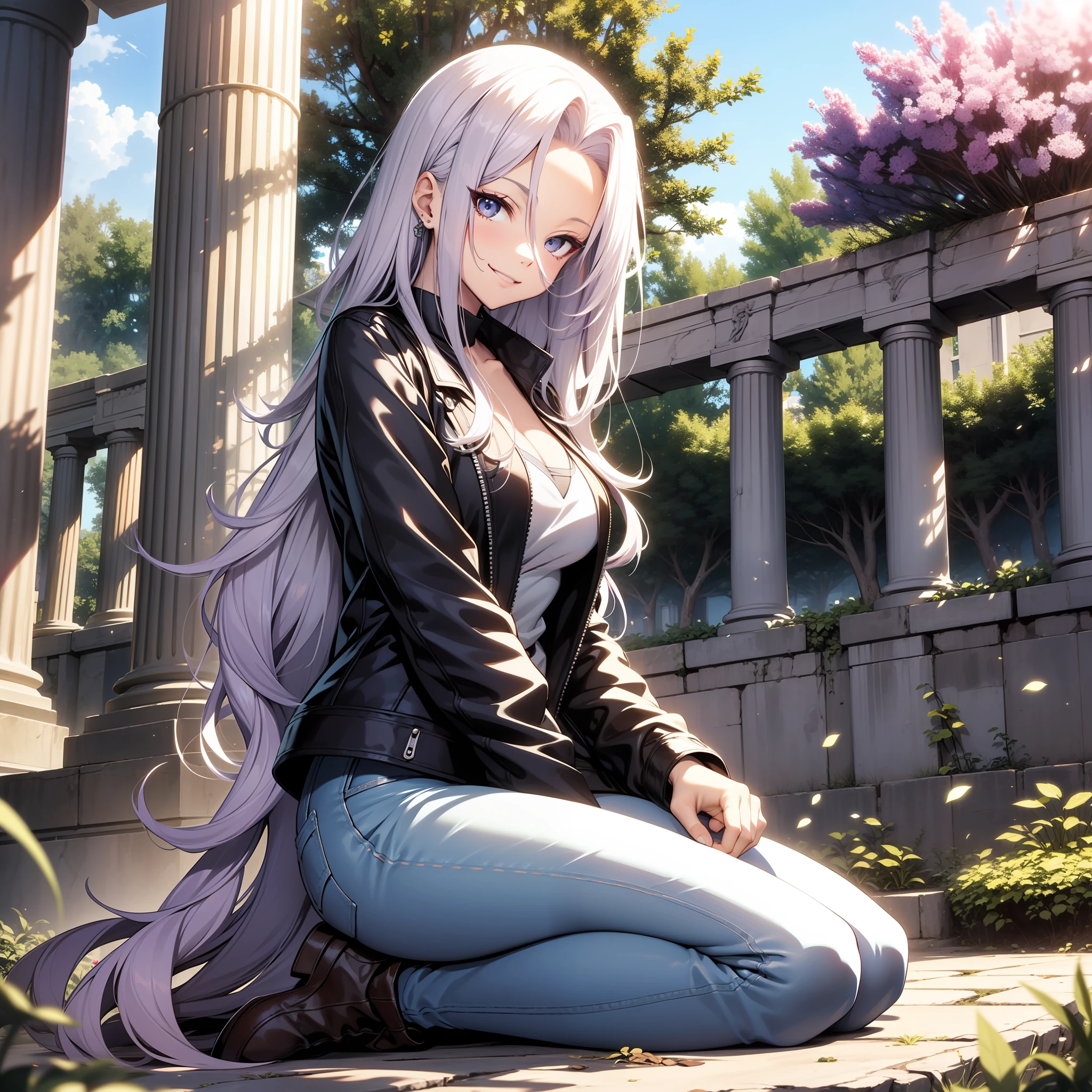 Medusa, Fate, Medusa 8k, Japanese anime style high resolution, perfect hand, perfect eye, detailed eye, detailed hand, leather jacket, jeans, sitting on all fours, smiling, 2d illustration, lilac hair, midday sunlight, garden of white statues, greek temple background