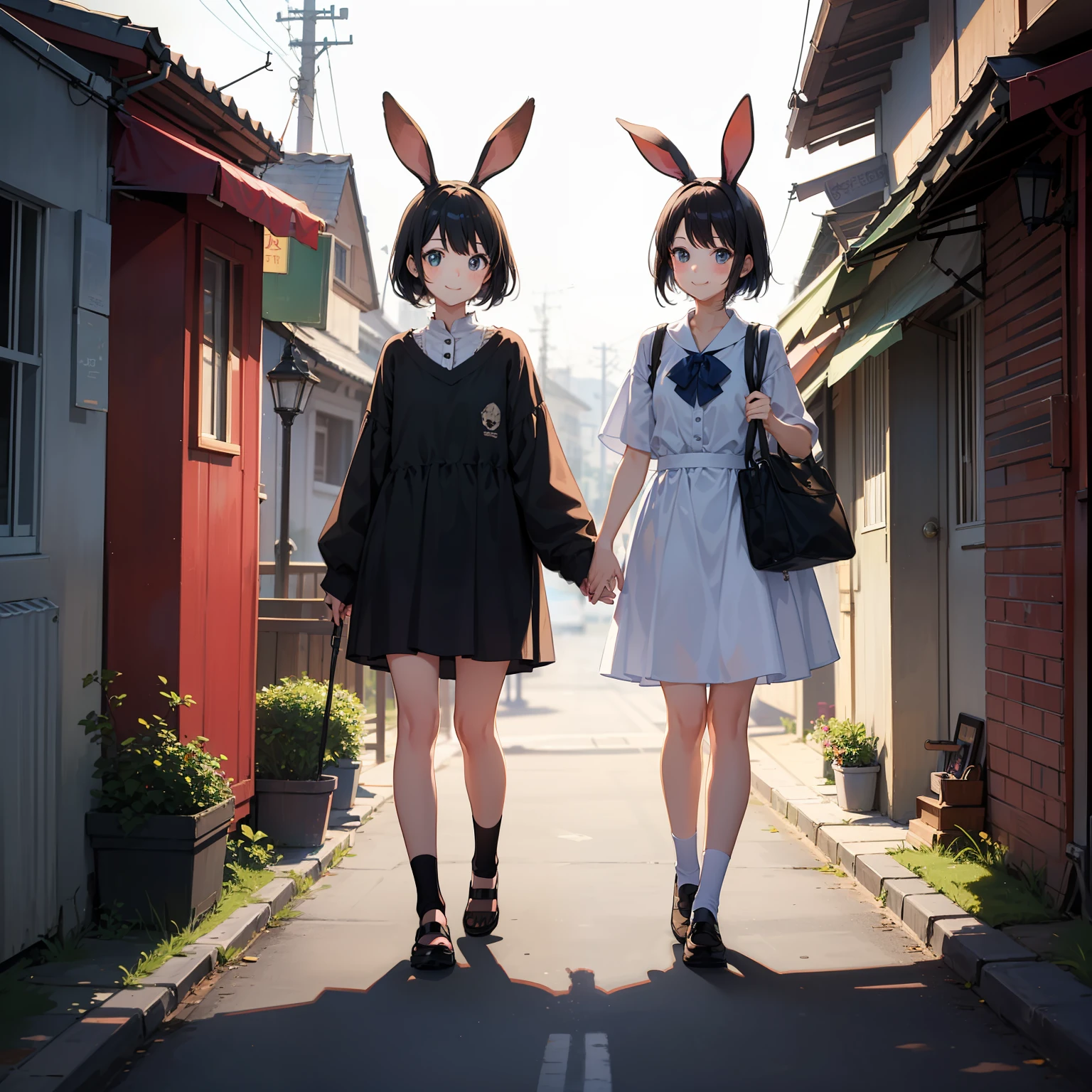 cute girl sisters with rabbit ears manga two people walking side by side smile sketch mystical background smile