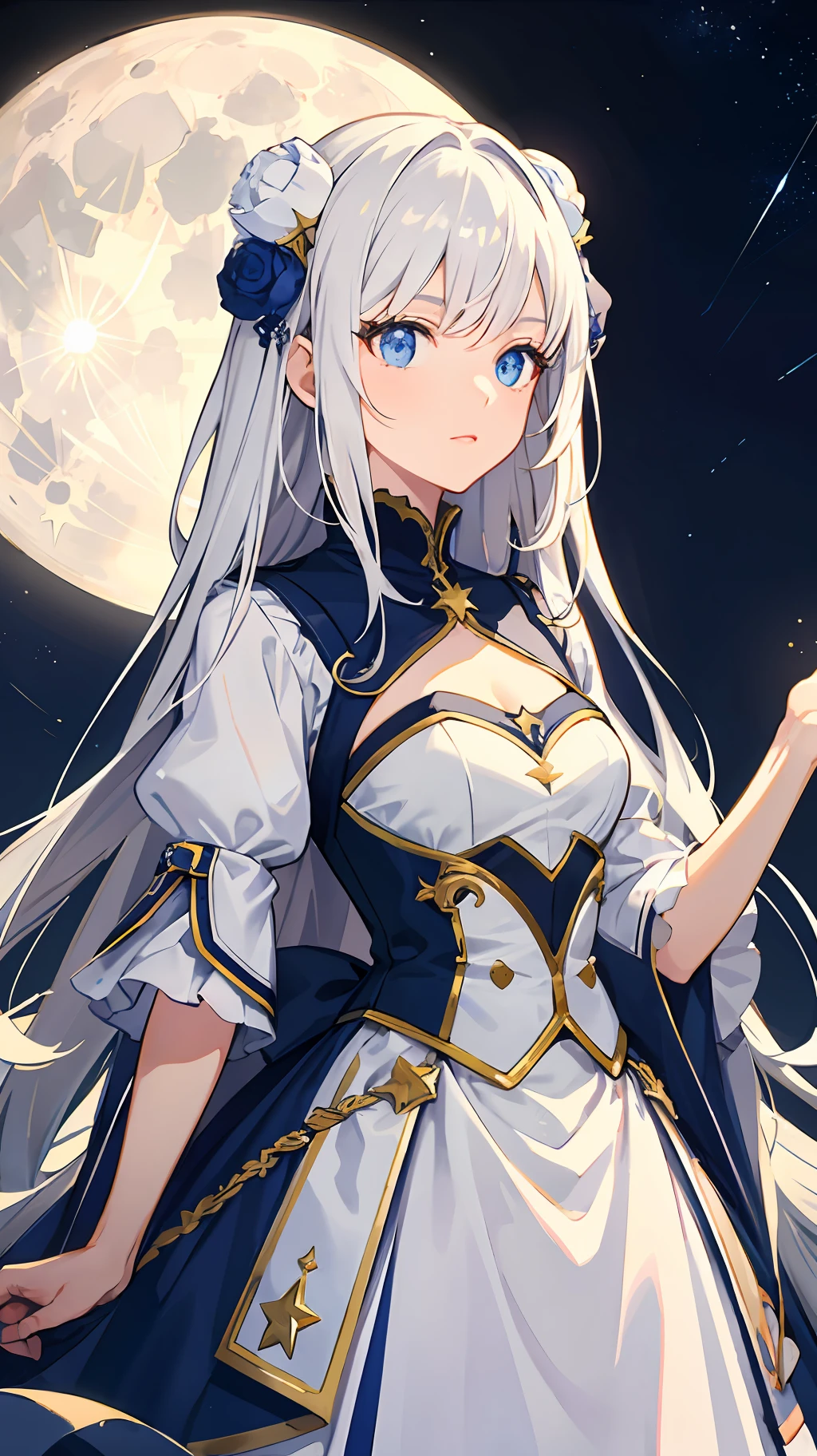 Wallpaper, highly detailed, best quality, 1girl, long white hair, blue eyes, highlighted eye, white dress with blue details, blue ornaments, white castle on top of mountain, night sky with full moon and stars, light coming from the moon,