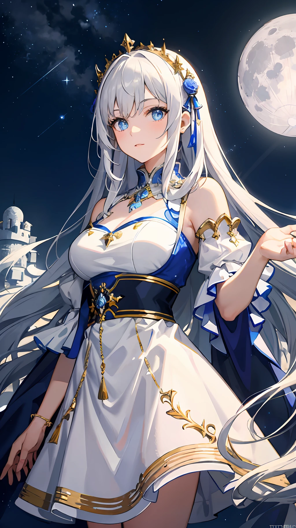 Wallpaper, highly detailed, best quality, 1girl, long white hair, blue eyes, highlighted eye, white dress with blue details, blue ornaments, white castle on top of mountain, night sky with full moon and stars, light coming from the moon,
