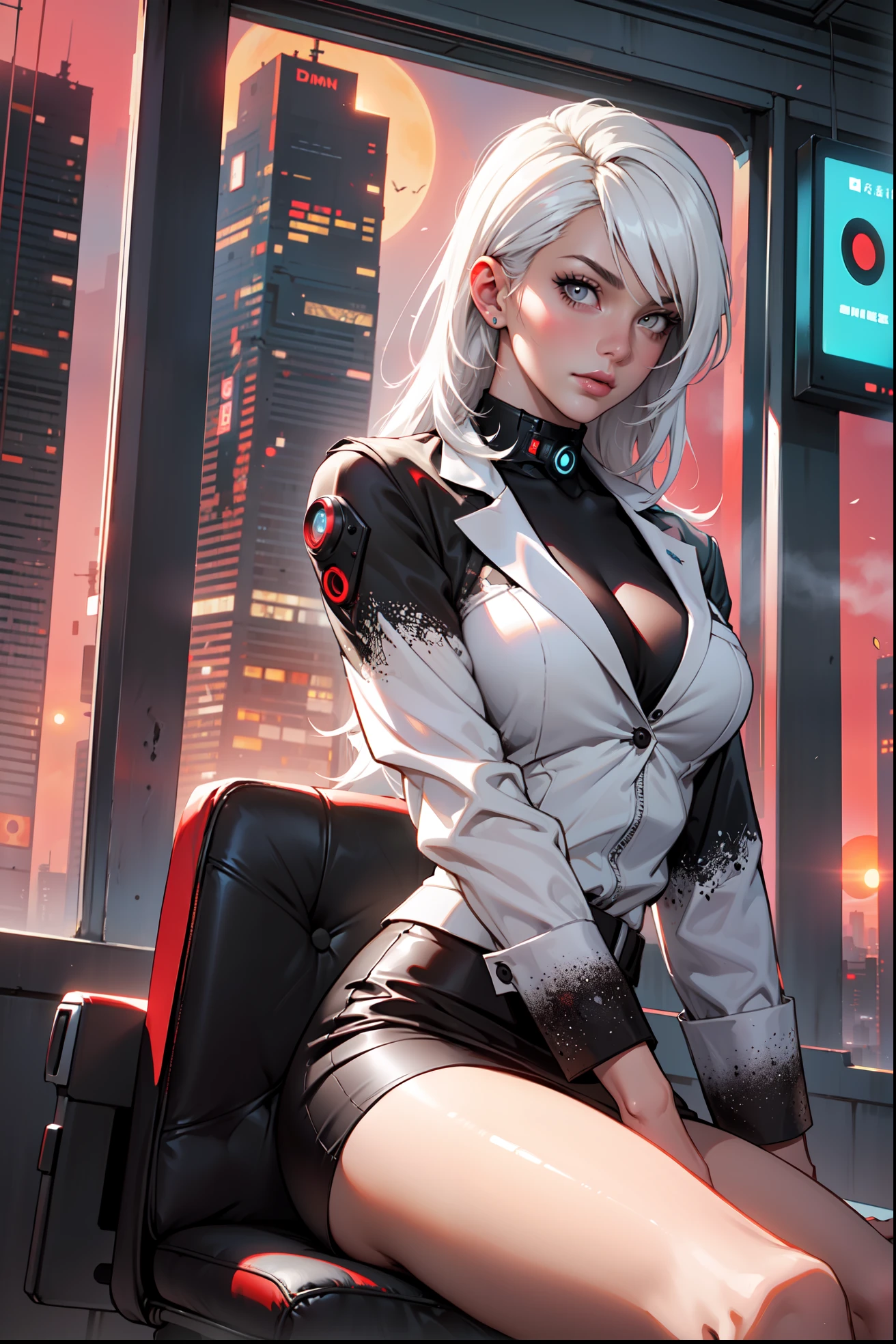 (masterpiece:1.3), (8k, photorealistic, RAW photo, best quality: 1.4), (1girl), beautiful face, (realistic face), Nice hairstyle,Realistic Eyes,Nice detail eyes,(Realistic Skin),Beautiful Skin,Ridiculous,attractive,Ultra high Resolution,an ultra realistic,RAWExtremely detailed,golden proportions, Woman wearing business outfit, formal blazer, white blouse, high waist business skirt, beautiful, masterpiece, best quality, perfect lighting, (white hair:1.4), long hair, (grey eyes:1.2), slender build, thin, medium breasts, business woman, ceo, sitting in luxurious black office chair, giant modern window with view of dusk cyberpunk city skyline in background, torso shot, dusk, (cyberpunk city background:1.3), (Hazy sky:1.2), (Dim red sun:1.3), eyelashes, dark eyeliner, cyberpunk, older, sleek modern-futuristic office