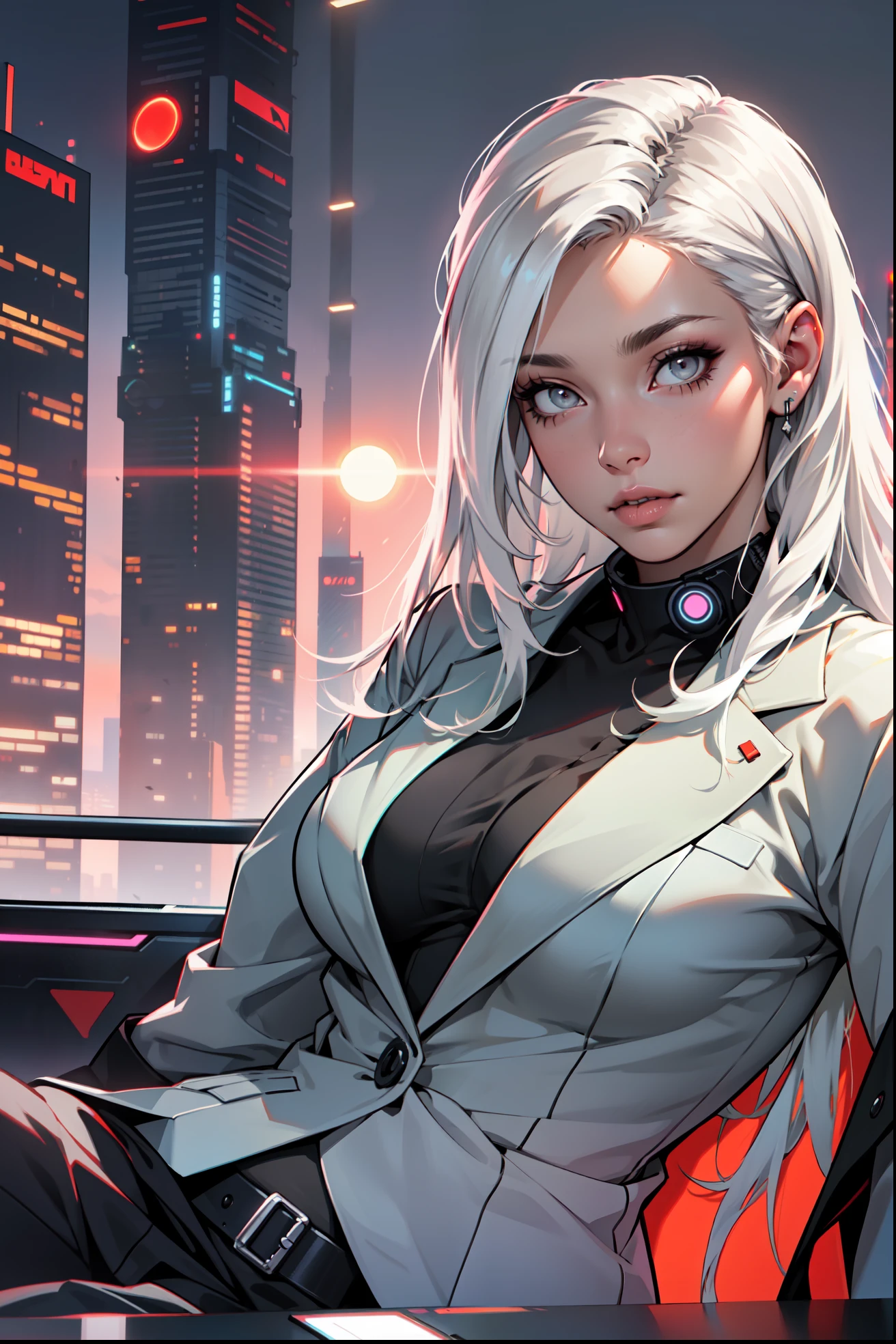 (masterpiece:1.3), (8k, photorealistic, RAW photo, best quality: 1.4), (1girl), beautiful face, (realistic face), Nice hairstyle,Realistic Eyes,Nice detail eyes,(Realistic Skin),Beautiful Skin,Ridiculous,attractive,Ultra high Resolution,an ultra realistic,RAWExtremely detailed,golden proportions, Woman wearing business outfit, formal blazer, white blouse, high waist business skirt, beautiful, masterpiece, best quality, perfect lighting, (white hair:1.4), long hair, (grey eyes:1.2), slender build, thin, medium breasts, business woman, ceo, sitting in luxurious black office chair, giant modern window with view of dusk cyberpunk city skyline in background, torso shot, dusk, (cyberpunk city background:1.3), (Hazy sky:1.2), (Dim red sun:1.3), eyelashes, dark eyeliner, cyberpunk, older, sleek modern-futuristic office