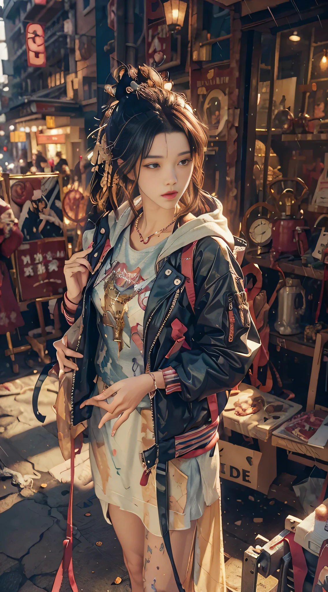 1girl, jacket, rain, outdoor, hoodie, open jacket, chain, backpack, looking at another, messy hair, trending on artstation, 8k resolution, highly detailed, anatomically correct, sharp image, digital painting, concept art, trending on pixiv, style of makoto shinkai,