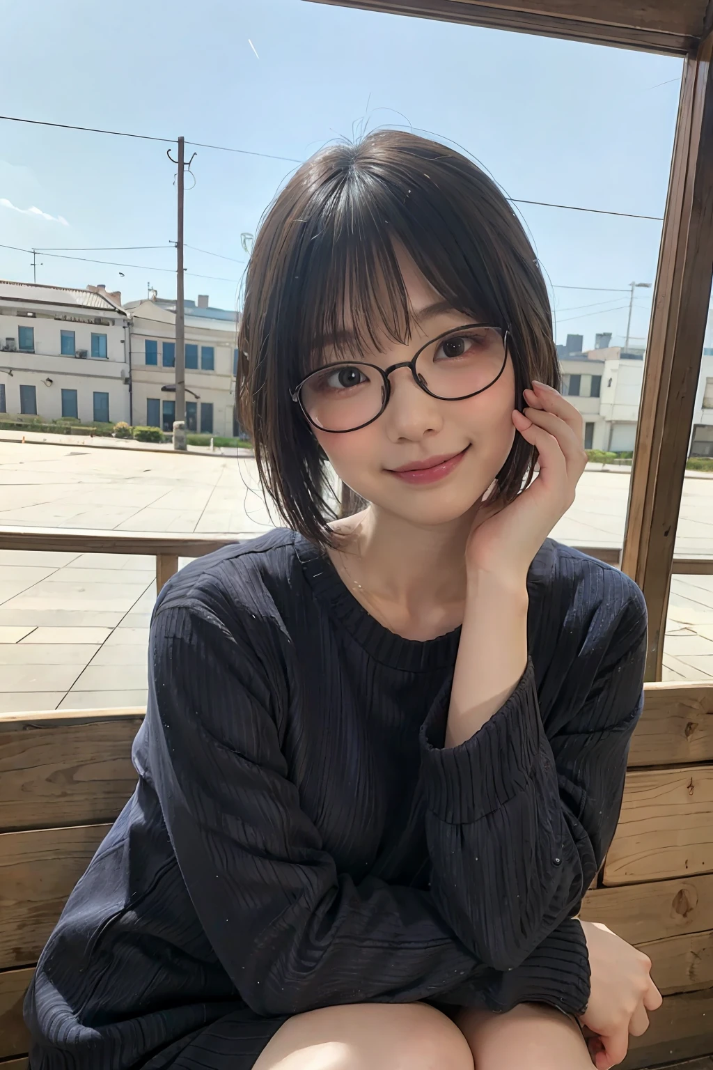 Japan girl in casual clothes, looking at the viewer, posing with a smile (highest quality, masterpiece))), high resolution, very detailed, masterpiece, cinematic lighting, (8K, highest quality, masterpiece: 1.2), (realistic, photorealistic: 1.37) Hi-Res, Super Detail, 1 Girl , Woman with Glasses, Thin Frame Round Glasses, Asian, Cute, Cute Face, Solo, Short Hair 1.2, textured skin, beautiful smile, beautiful detailed sky, detailed café, night, movie lighting, depth of field, lens flare light, sitting, dating, (blushing), (smile: 1.15), small breasts (mouth closed), eyes with beautiful details, (sweater: 1.1), night, (short hair: 1.2), floating hair Novafrog style,