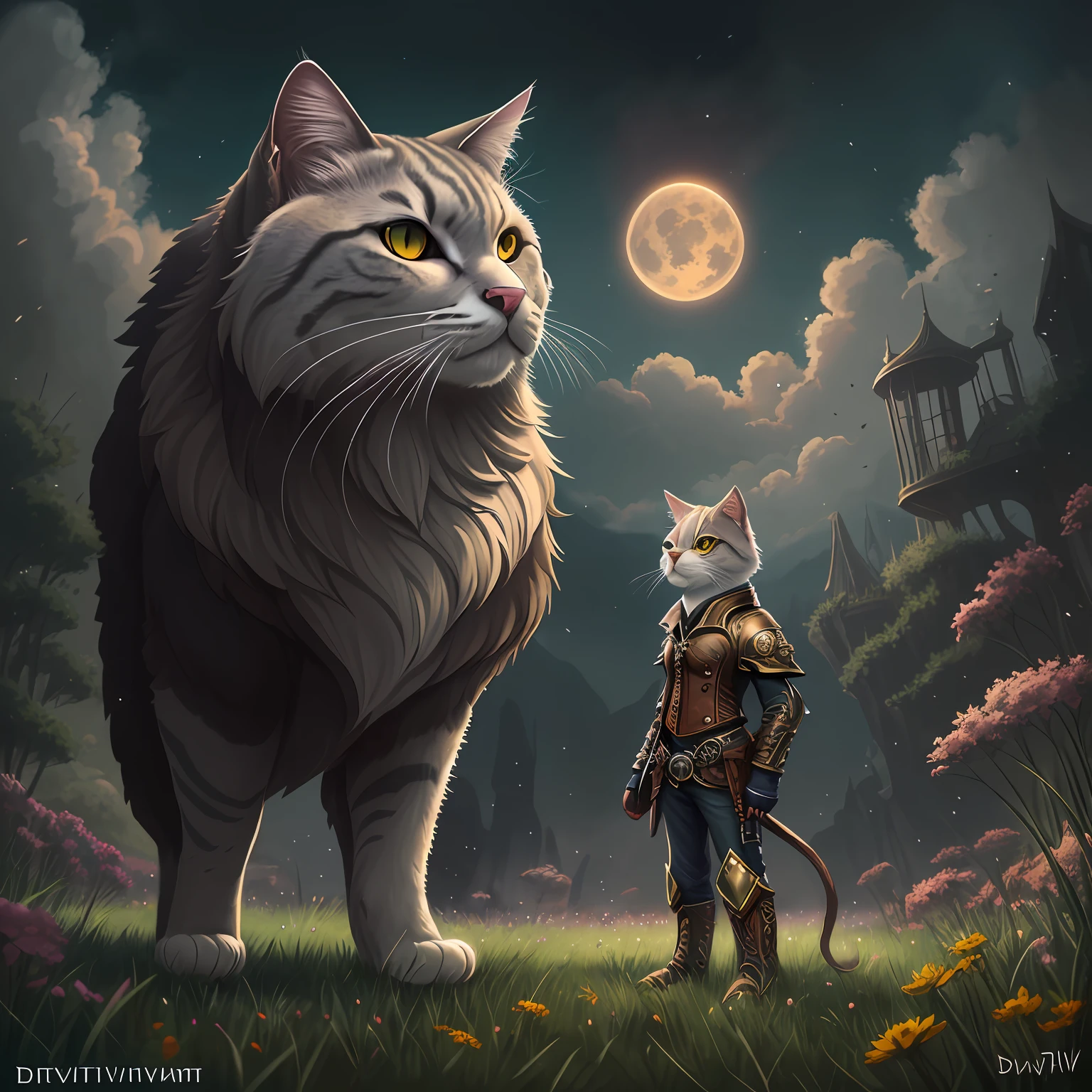 FULLBODY, anthropomorphic super giant cat, steampunk illustration, highly detailed art station, DeviantArt, concept art, digital painting award, fantasy scene, fantasy composition, fantasy, meadow, upright
