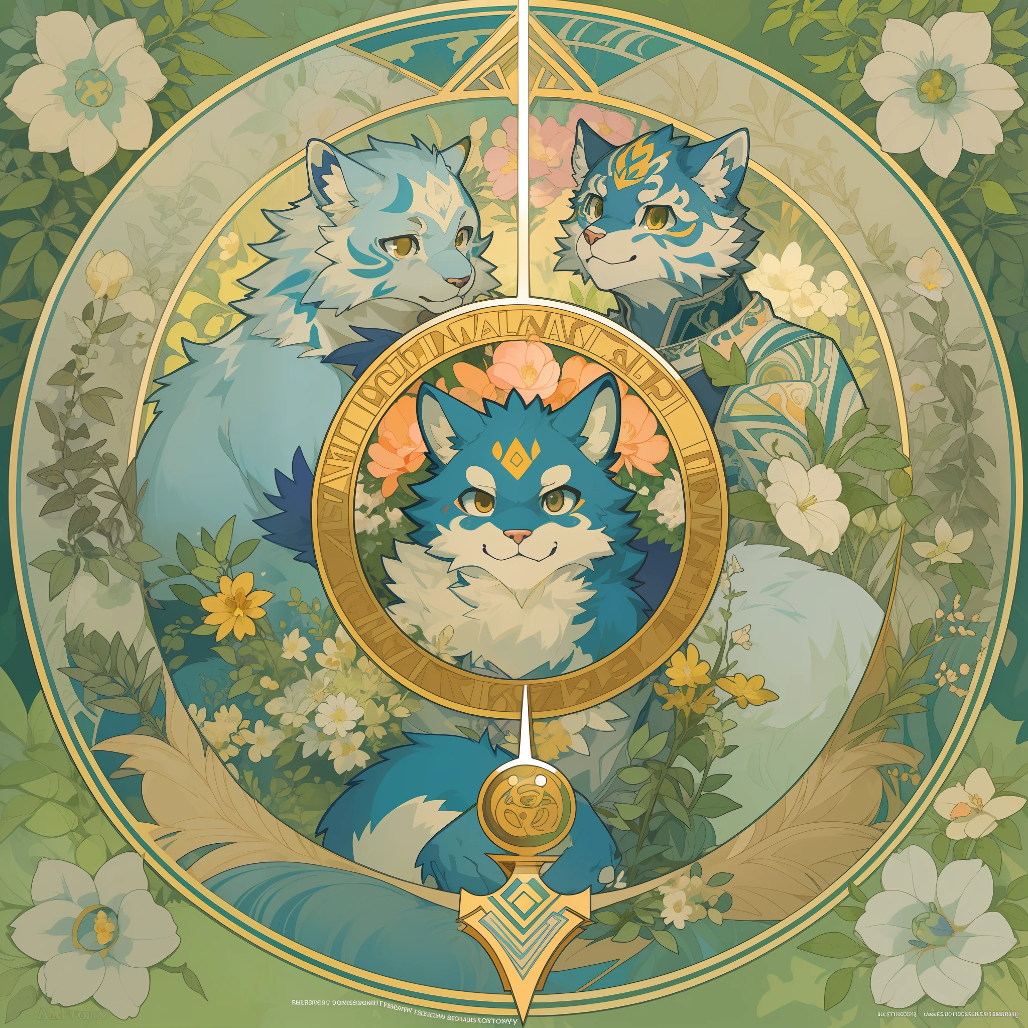 top quality, best quality, stamp, rzminjourney, vector-art, High-quality illustrations by Alfons Mucha, masterpiece(kemono, furry anthro)logo mark, round, colorful flower,