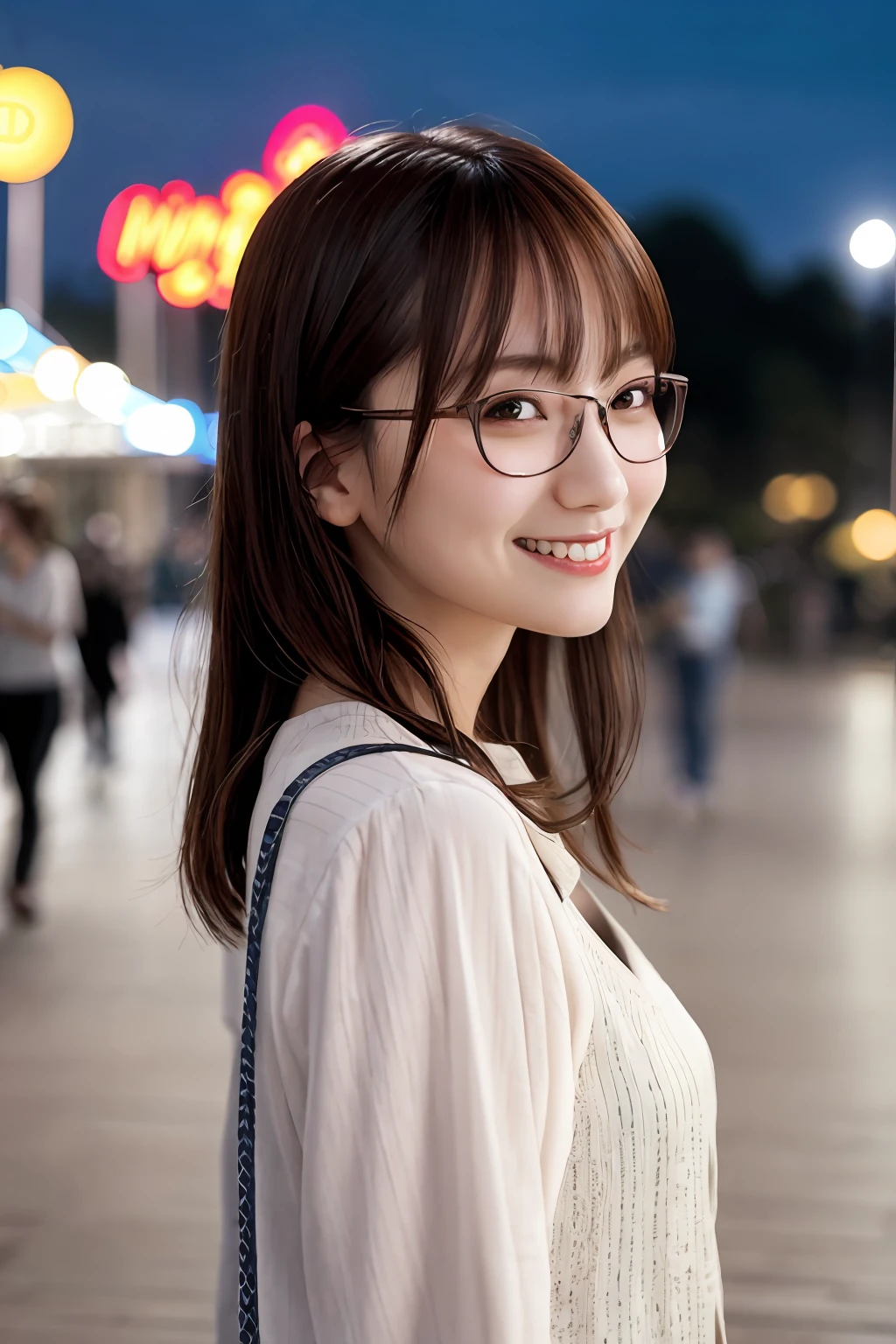 masterpiece, top quality, highly detailed CG Unity 8k wallpaper, cute girl with glasses, girlfriend, thin frame round glasses, casual clothes, smile, amusement park, night, detailed background, from the side,