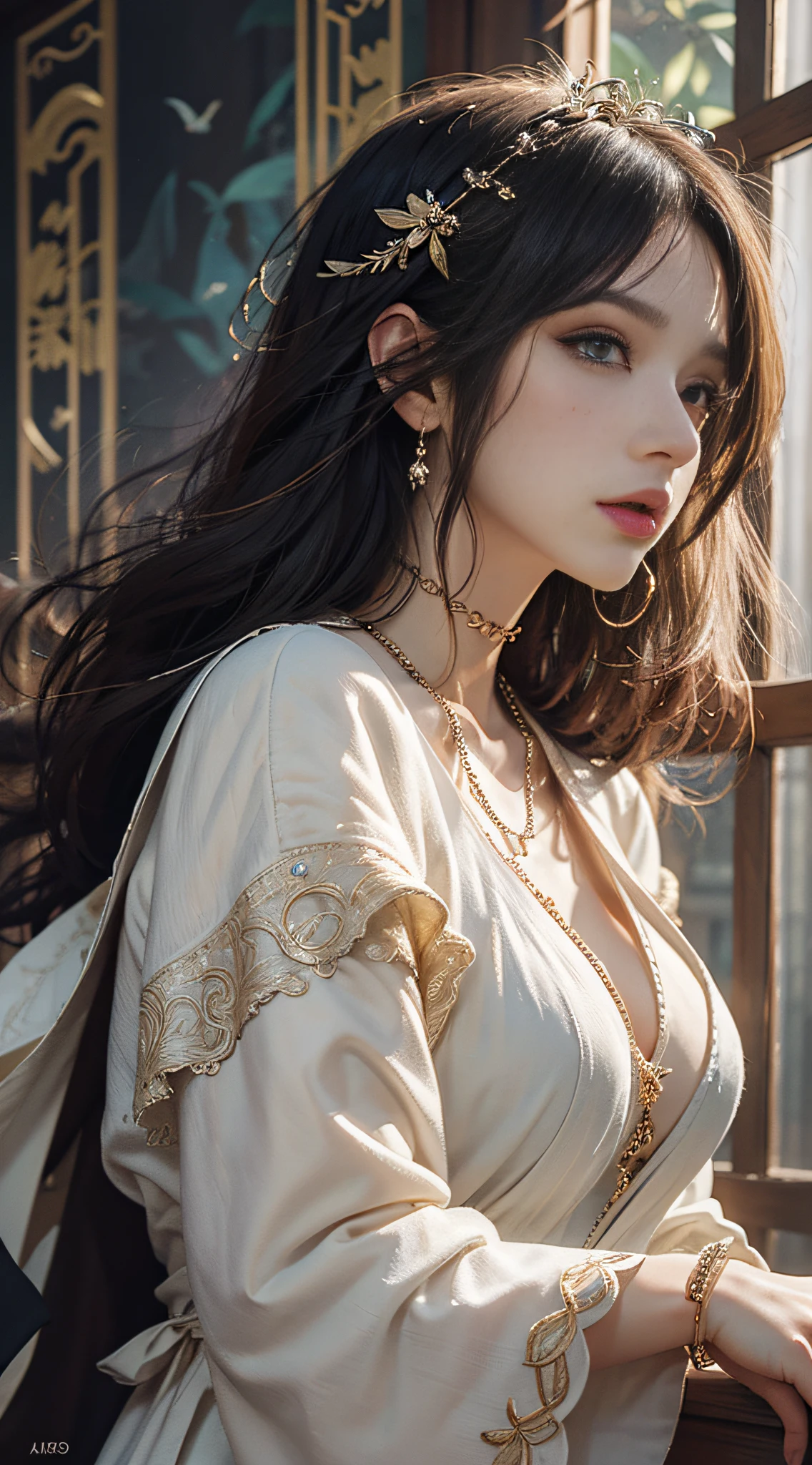 High quality, masterpiece, masterpiece, exquisite facial features, exquisite hair, exquisite eyes, exquisite color hair, 4K picture quality, gorgeous light and shadow, （mid_shot），Tyndall effect, halo, messy hair, young state, gorgeous scene, exquisite clothes, chains, feathers, ancient chinese beauty with big eyes very detailed, digital painting, artstation, concept art, sharp focus, illustration, art by greg rutkowski and alphonse mucha and victo ngai